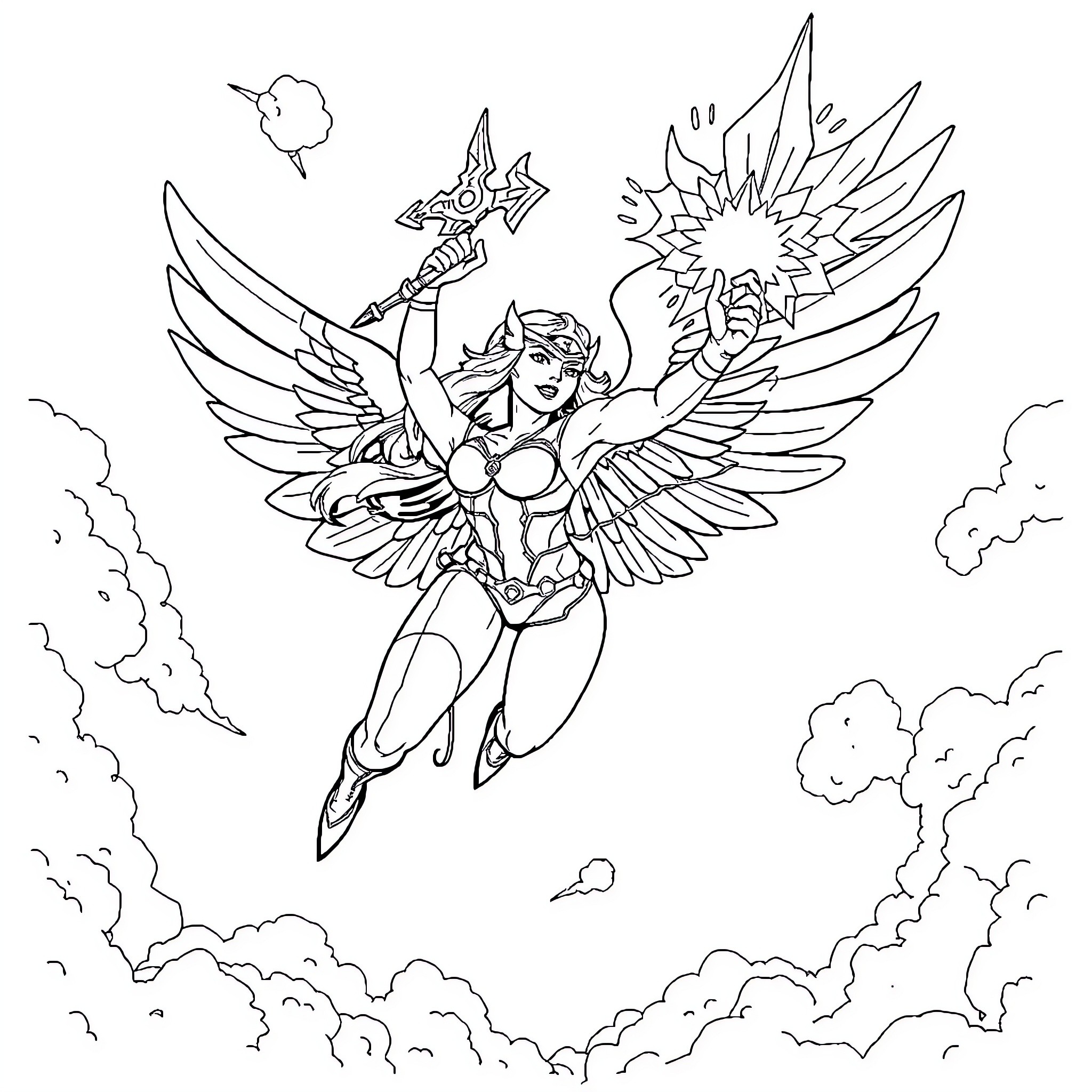 Hawkgirl soaring through the sky with wings and weapons Coloring Page (free black-and-white line drawing printable PDF for all, from beginners to advanced learners, including children, teens, adults, and seniors)