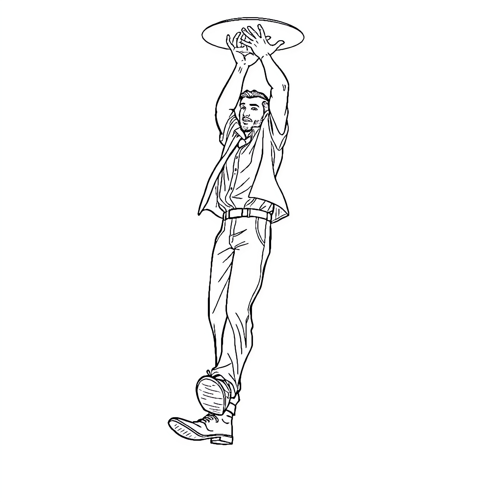 Man raising arms with celebratory gesture Coloring Page (free black-and-white line drawing printable PDF for all, from beginners to advanced learners, including children, teens, adults, and seniors)