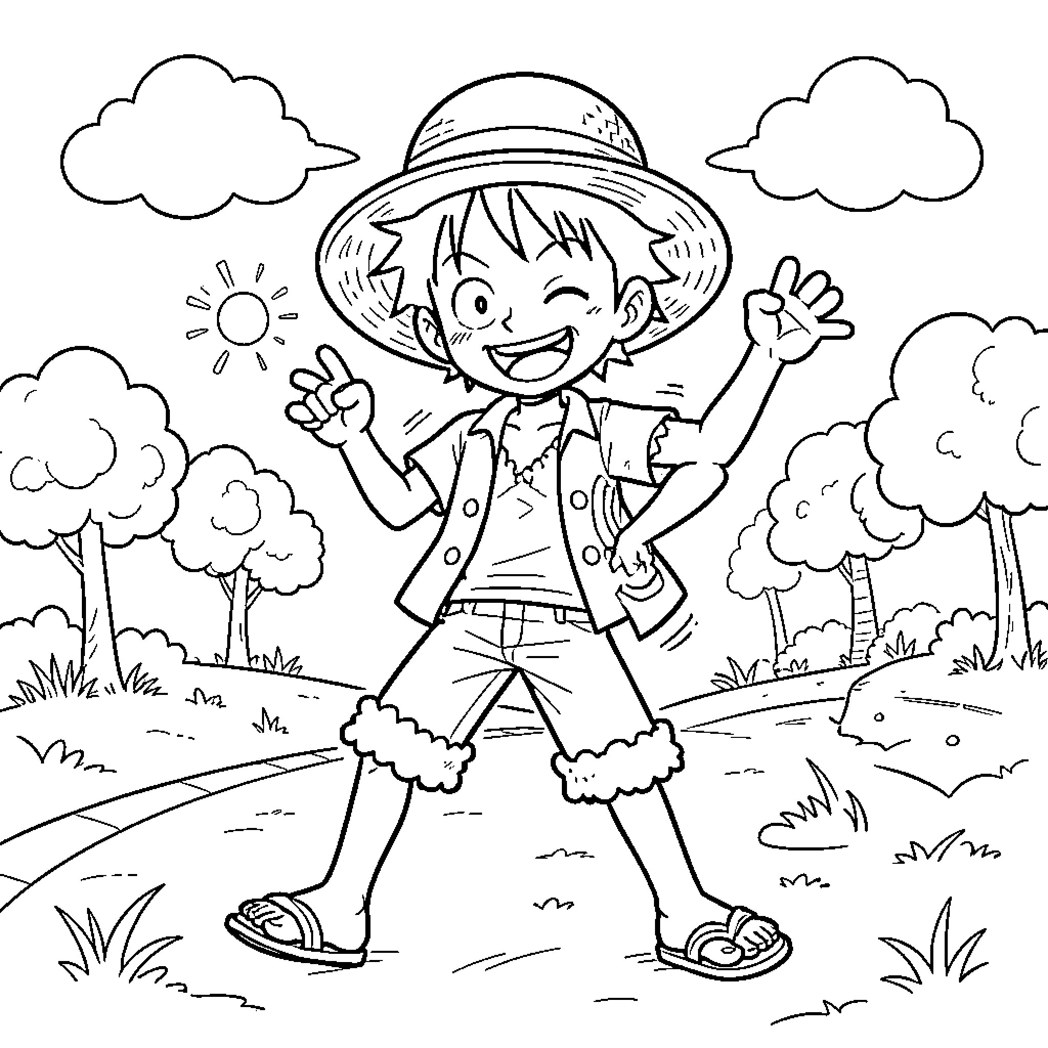 Luffy smiling and waving happily in a sunny park Coloring Page (free black-and-white line drawing printable PDF for all, from beginners to advanced learners, including children, teens, adults, and seniors)