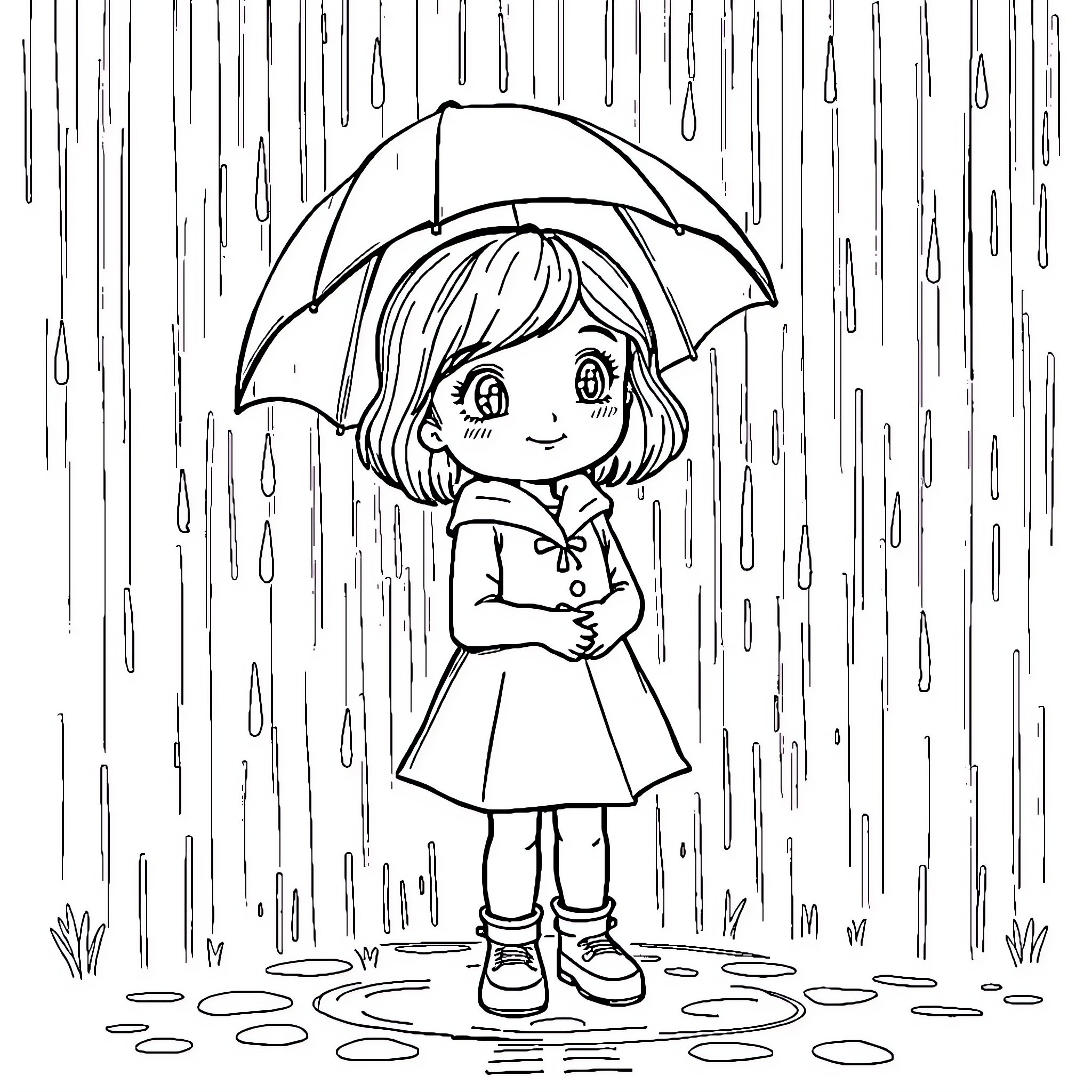 Sophie enjoying a rainy day with her umbrella Coloring Page (free black-and-white line drawing printable PDF for all, from beginners to advanced learners, including children, teens, adults, and seniors)
