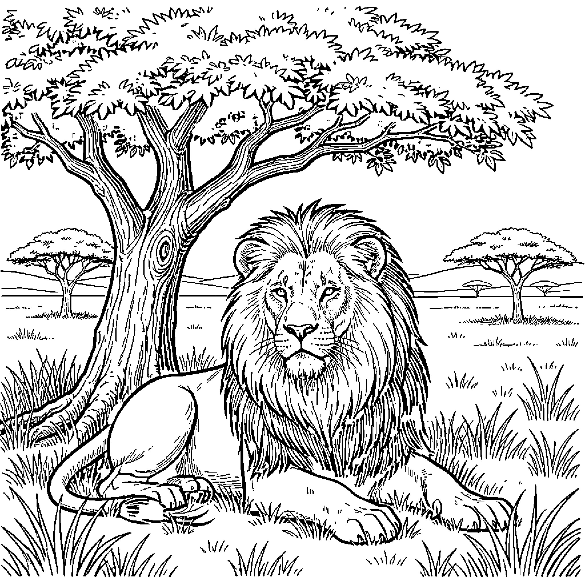 Lion resting peacefully in the African savanna Coloring Page (free black-and-white line drawing printable PDF for all, from beginners to advanced learners, including children, teens, adults, and seniors)