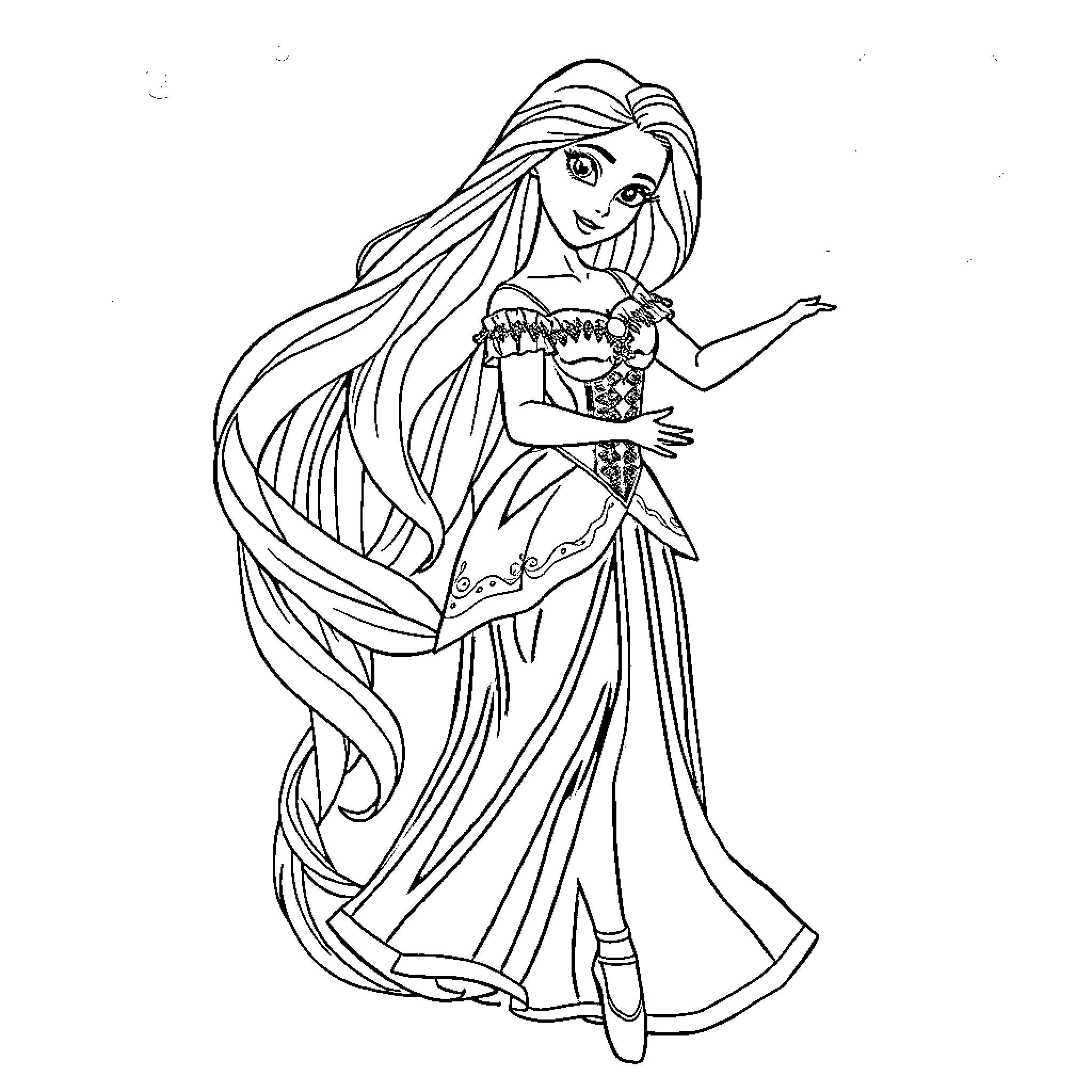 Rapunzel in flowing dress and headpiece Coloring Page (free black-and-white line drawing printable PDF for all, from beginners to advanced learners, including children, teens, adults, and seniors)