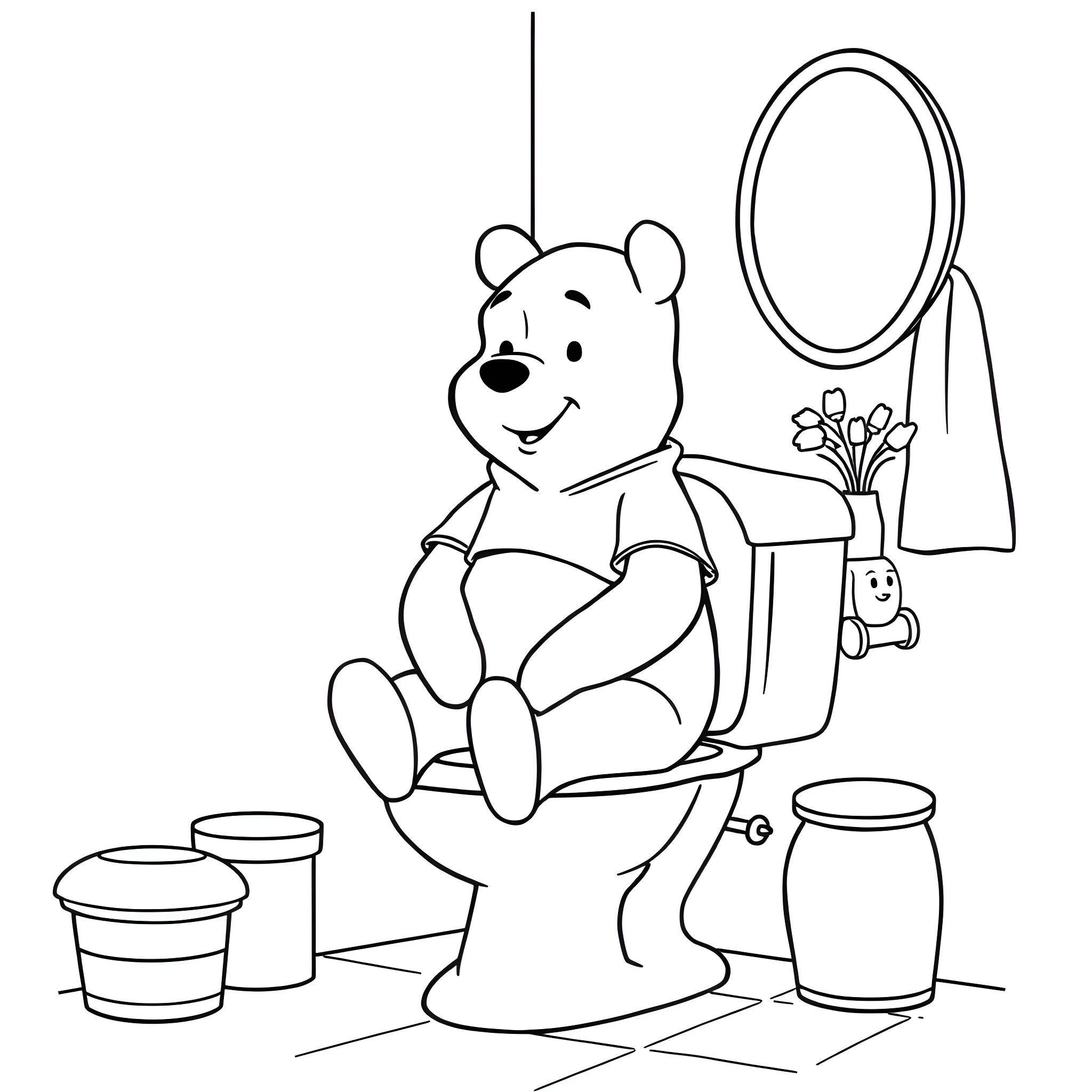 Winnie The Pooh sitting on the toilet Coloring Page (free black-and-white line drawing printable PDF for all, from beginners to advanced learners, including children, teens, adults, and seniors)