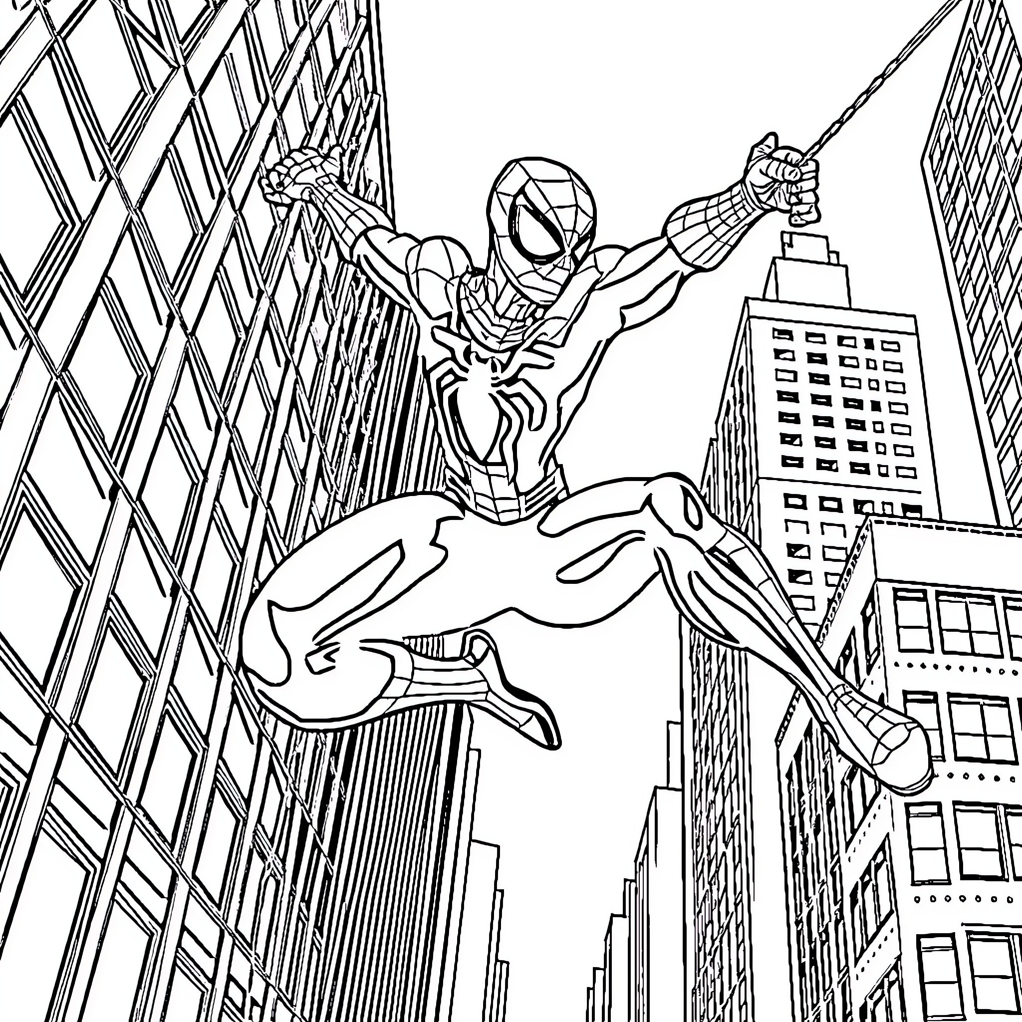 Spiderman swinging through the city skyscrapers Coloring Page (free black-and-white line drawing printable PDF for all, from beginners to advanced learners, including children, teens, adults, and seniors)