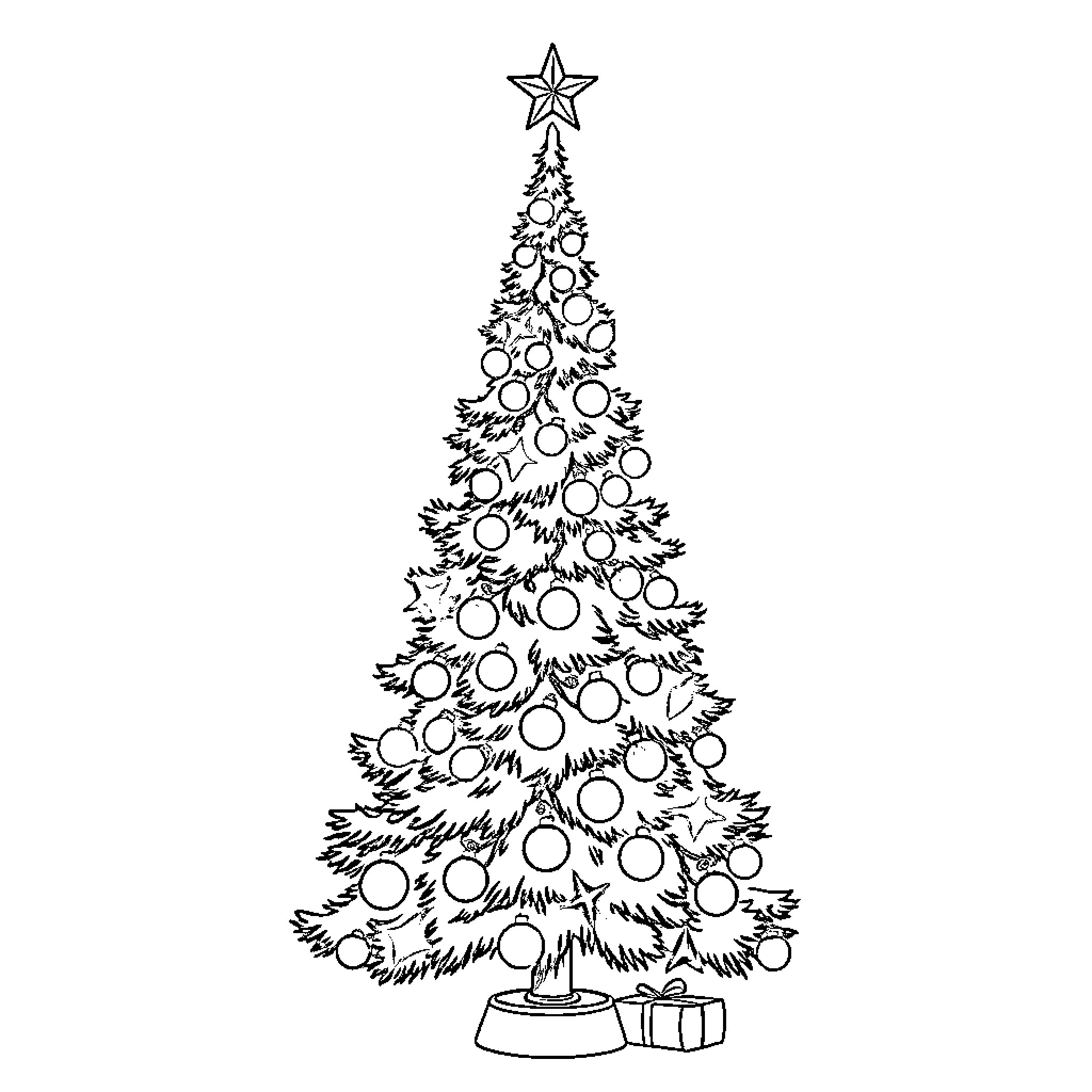 Christmas Tree with Ornaments and Presents Coloring Page (free black-and-white line drawing printable PDF for all, from beginners to advanced learners, including children, teens, adults, and seniors)