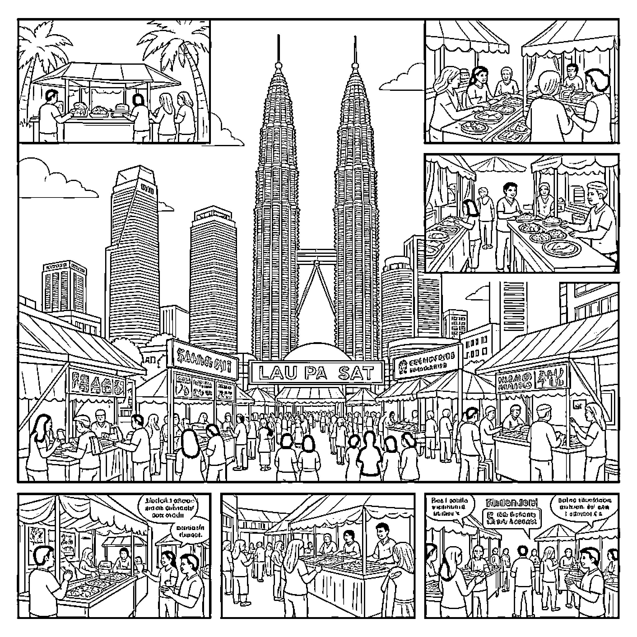 Petronas Towers and bustling street food market scenes Coloring Page (free black-and-white line drawing printable PDF for all, from beginners to advanced learners, including children, teens, adults, and seniors)