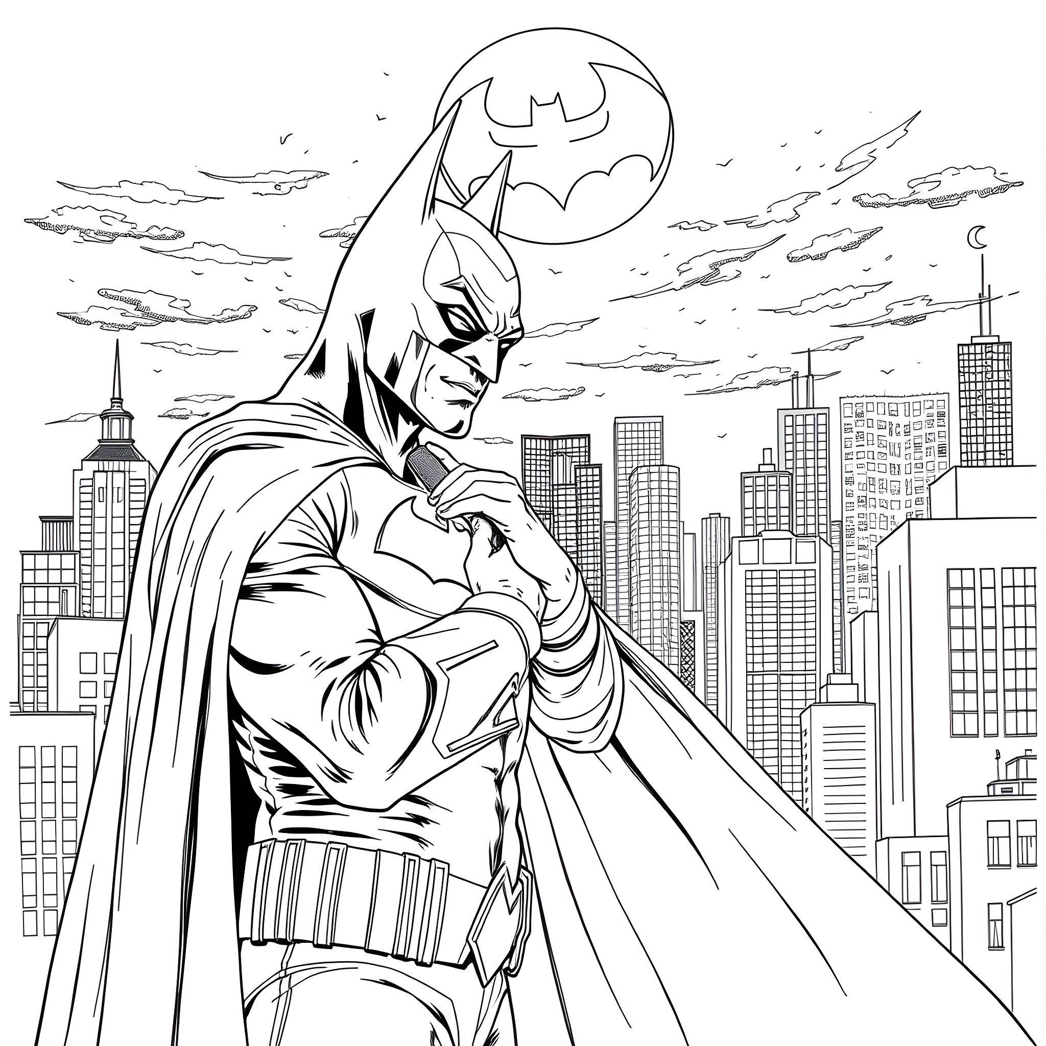 Levi the Caped Crusader Stands Vigilant over the City Coloring Page (free black-and-white line drawing printable PDF for all, from beginners to advanced learners, including children, teens, adults, and seniors)