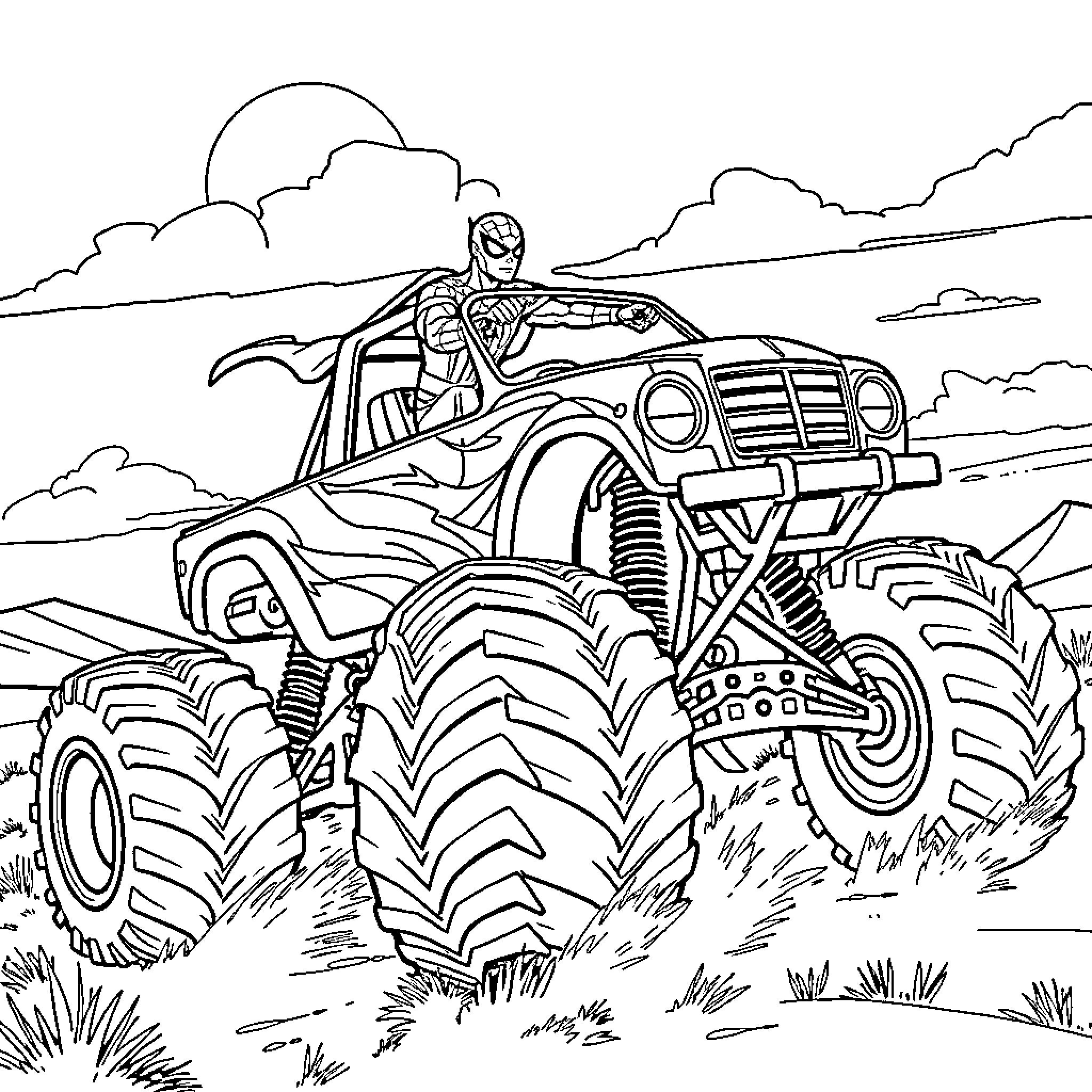Monster Truck Adventuring Through Rugged Terrain Coloring Page (free black-and-white line drawing printable PDF for all, from beginners to advanced learners, including children, teens, adults, and seniors)