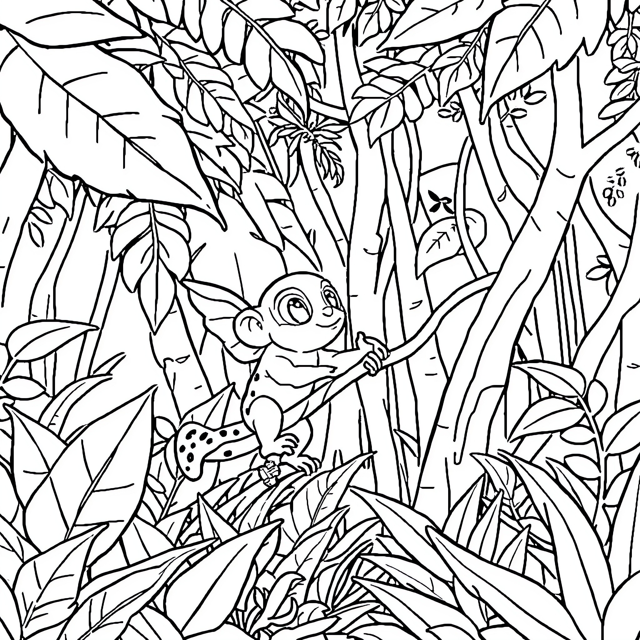 Marmoset exploring the lush foliage Coloring Page (free black-and-white line drawing printable PDF for all, from beginners to advanced learners, including children, teens, adults, and seniors)