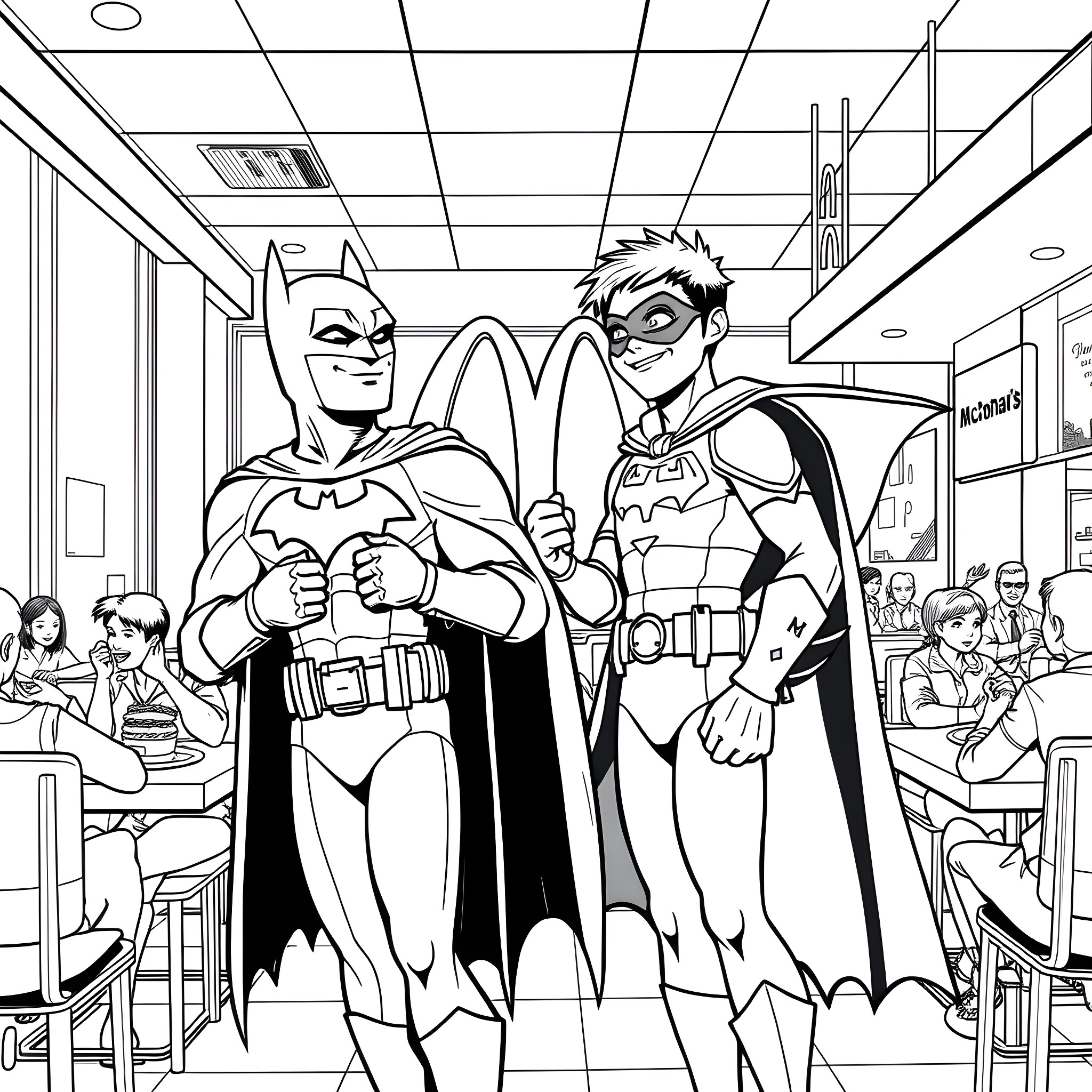 Batman and Robin in a Cafe Coloring Page (free black-and-white line drawing printable PDF for all, from beginners to advanced learners, including children, teens, adults, and seniors)
