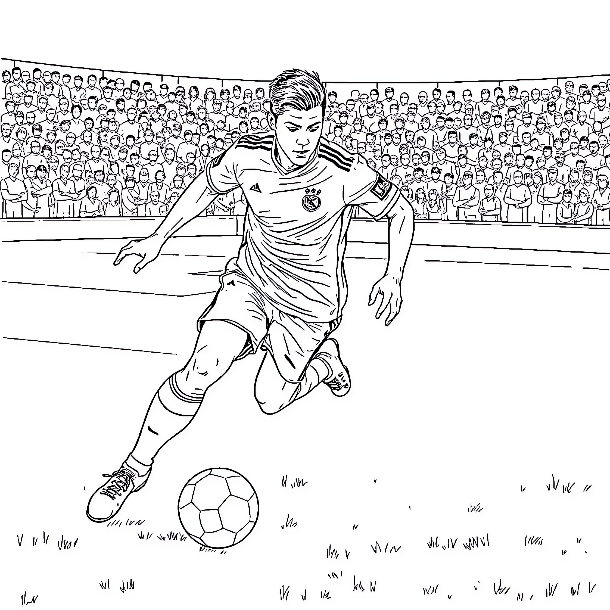 Ronaldo Dribbling the Ball in Stadium Coloring Page (free black-and-white line drawing printable PDF for all, from beginners to advanced learners, including children, teens, adults, and seniors)
