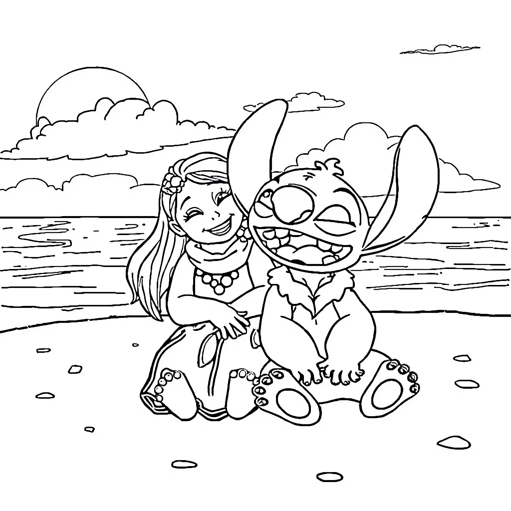 Lilo and Stitch relaxing on the beach Coloring Page (free black-and-white line drawing printable PDF for all, from beginners to advanced learners, including children, teens, adults, and seniors)