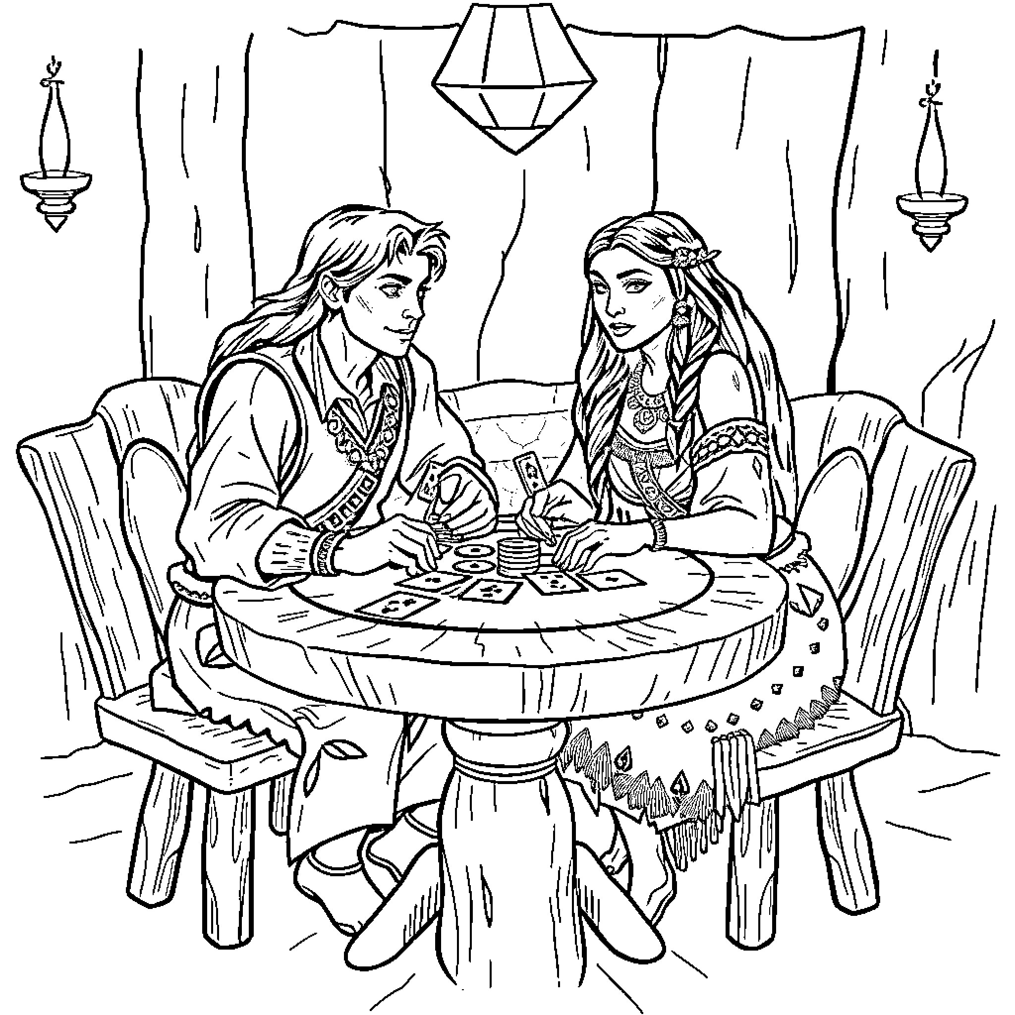 Rapunzel and prince dining together in ornate setting Coloring Page (free black-and-white line drawing printable PDF for all, from beginners to advanced learners, including children, teens, adults, and seniors)
