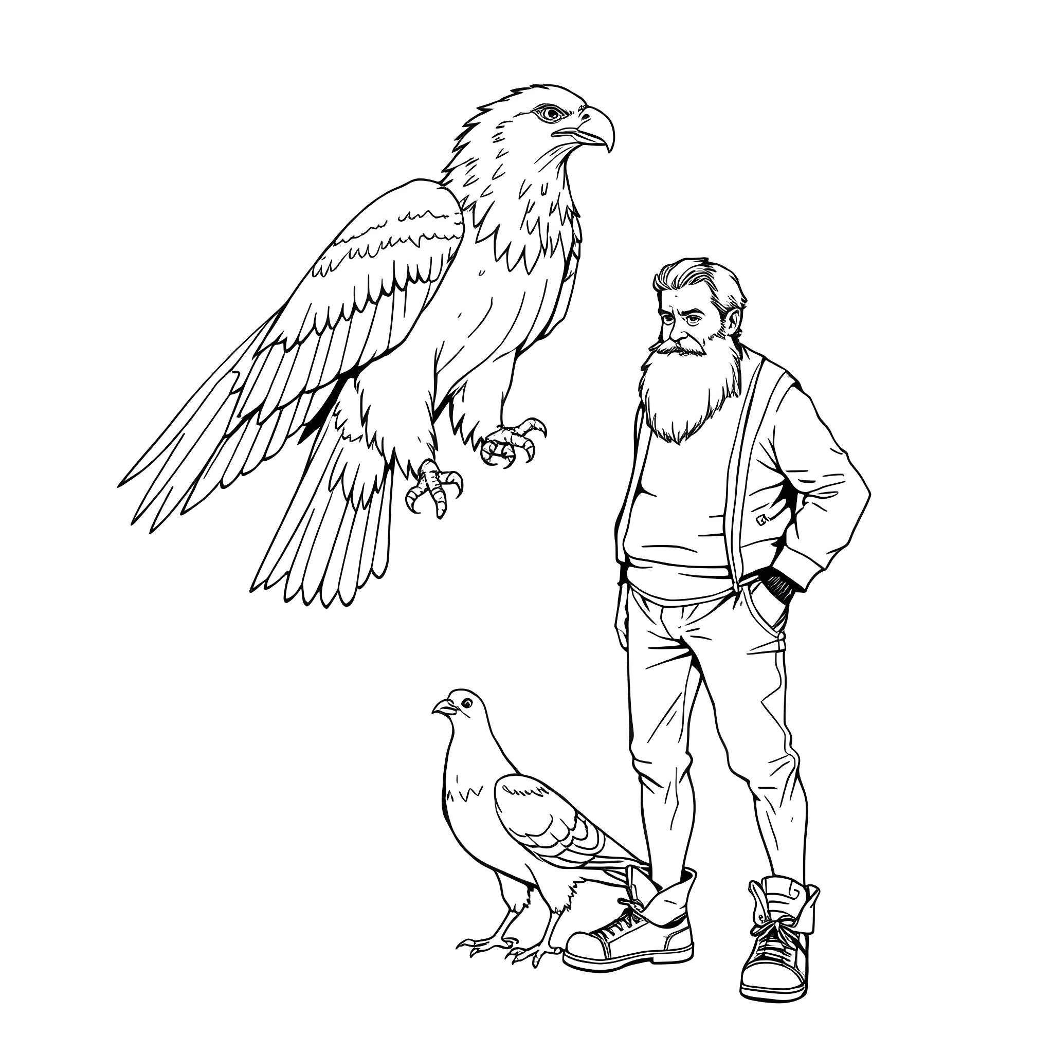 Eagle, man, and bird interact in illustration Coloring Page (free black-and-white line drawing printable PDF for all, from beginners to advanced learners, including children, teens, adults, and seniors)
