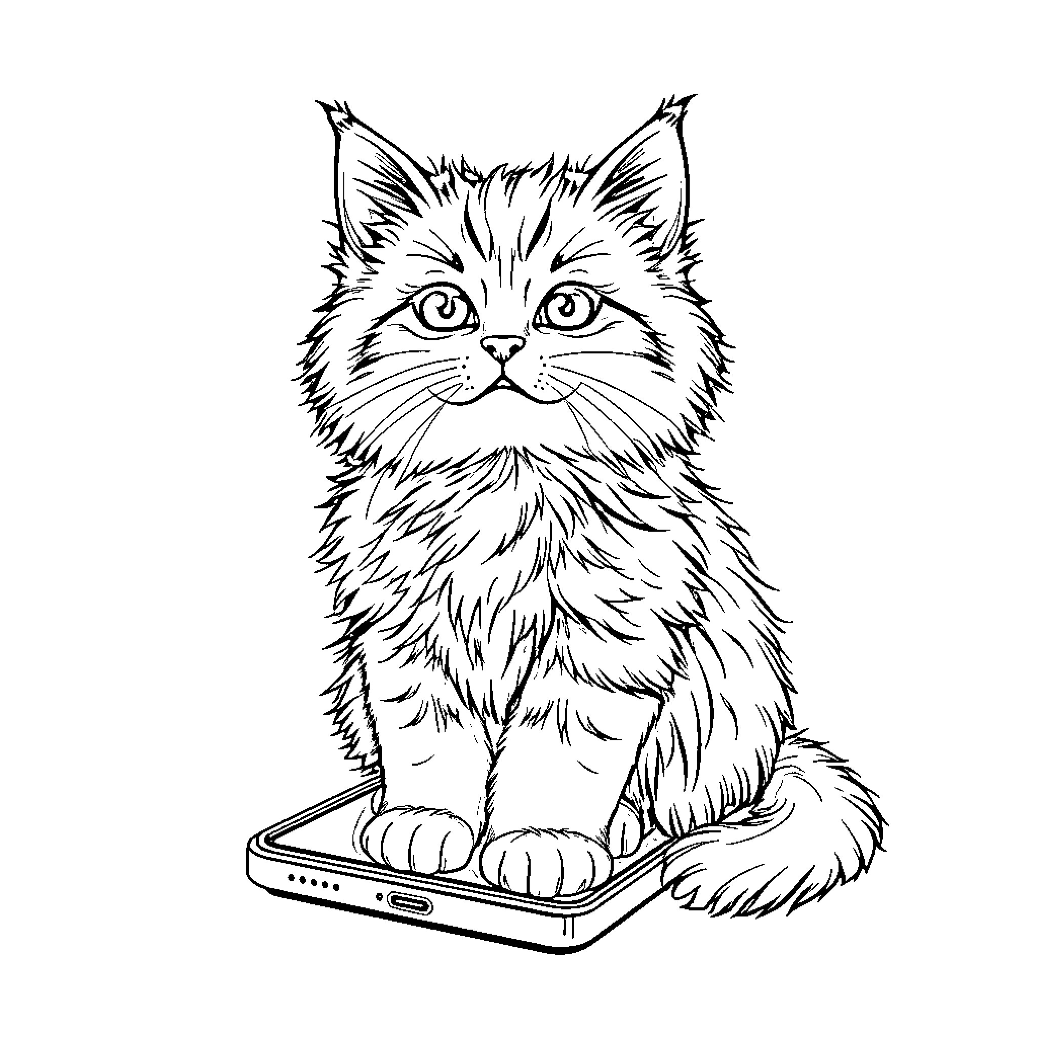 Cat sitting on a smartphone Coloring Page (free black-and-white line drawing printable PDF for all, from beginners to advanced learners, including children, teens, adults, and seniors)