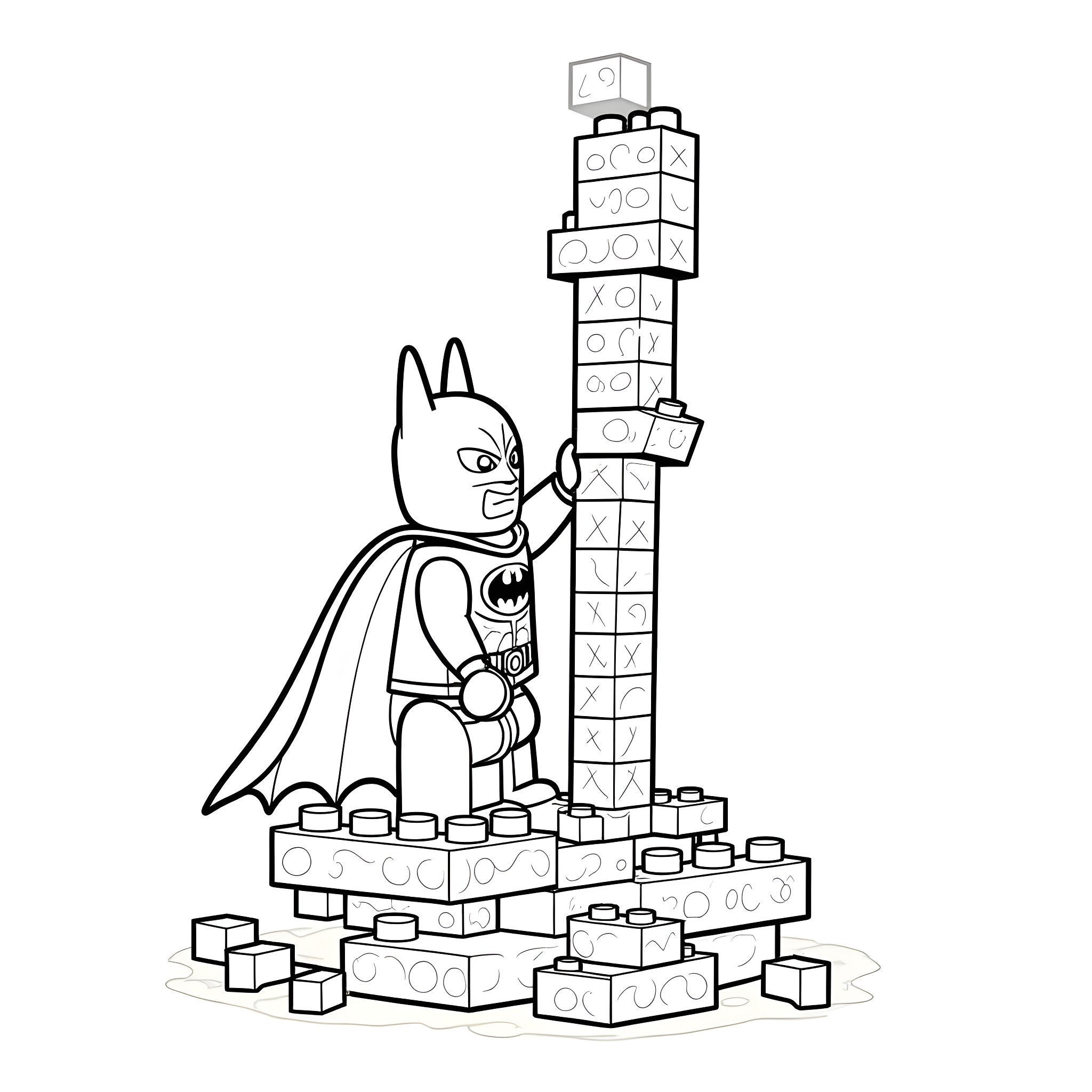 Batman building an intricate structure with Lego blocks Coloring Page (free black-and-white line drawing printable PDF for all, from beginners to advanced learners, including children, teens, adults, and seniors)