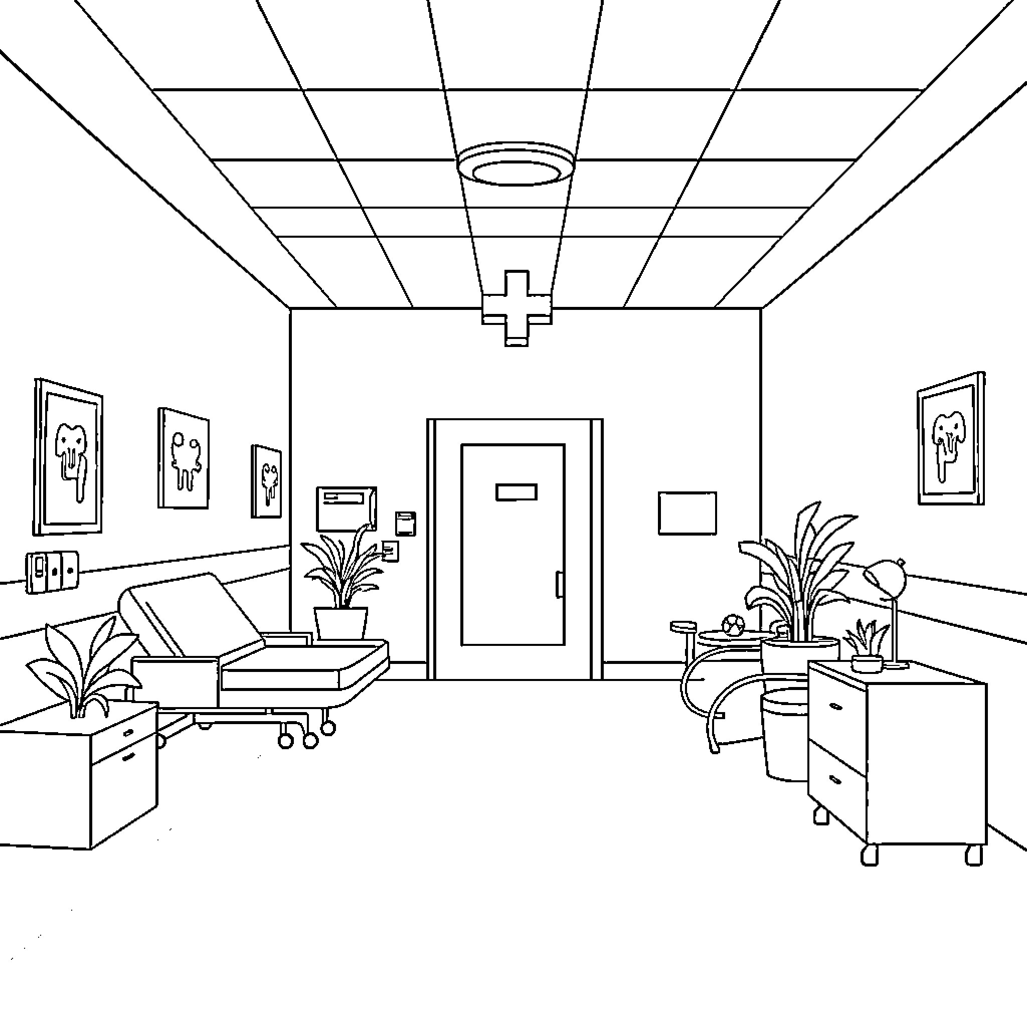 Mental Health Hospital Room with Medical Equipment Coloring Page (free black-and-white line drawing printable PDF for all, from beginners to advanced learners, including children, teens, adults, and seniors)
