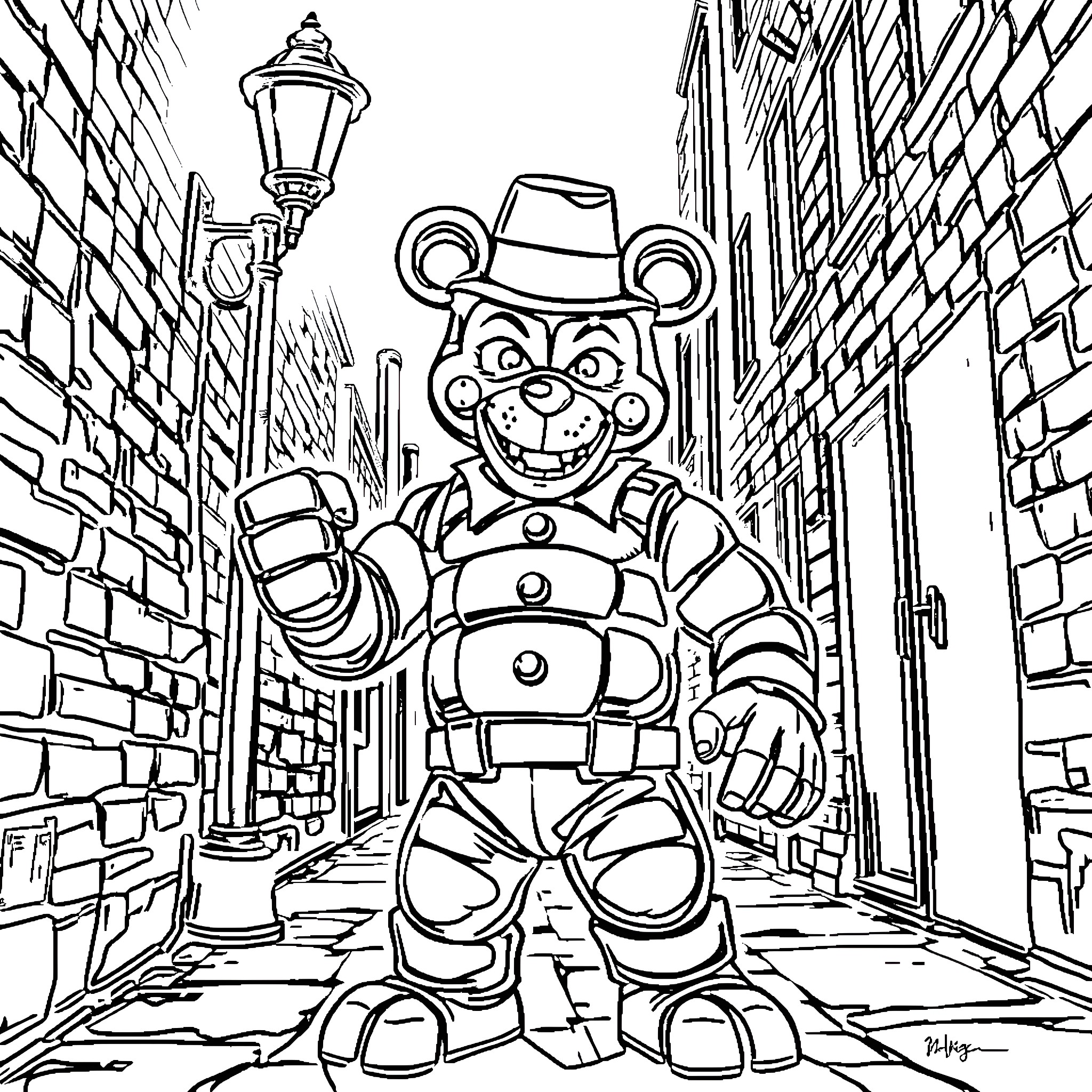 Freddy Fazzbear in an Alleyway Adventure Coloring Page (free black-and-white line drawing printable PDF for all, from beginners to advanced learners, including children, teens, adults, and seniors)