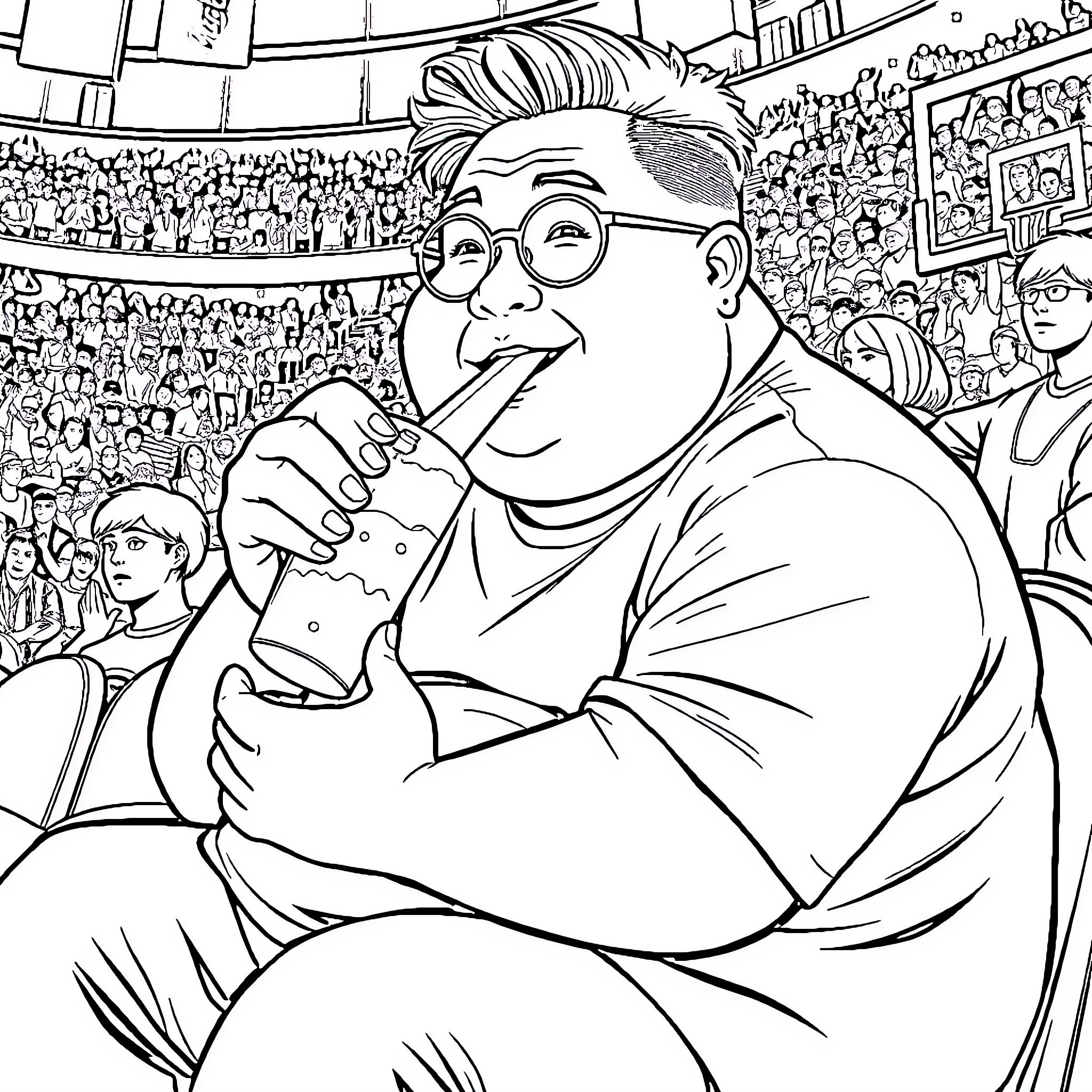 Man enjoying a beverage at a crowded event Coloring Page (free black-and-white line drawing printable PDF for all, from beginners to advanced learners, including children, teens, adults, and seniors)