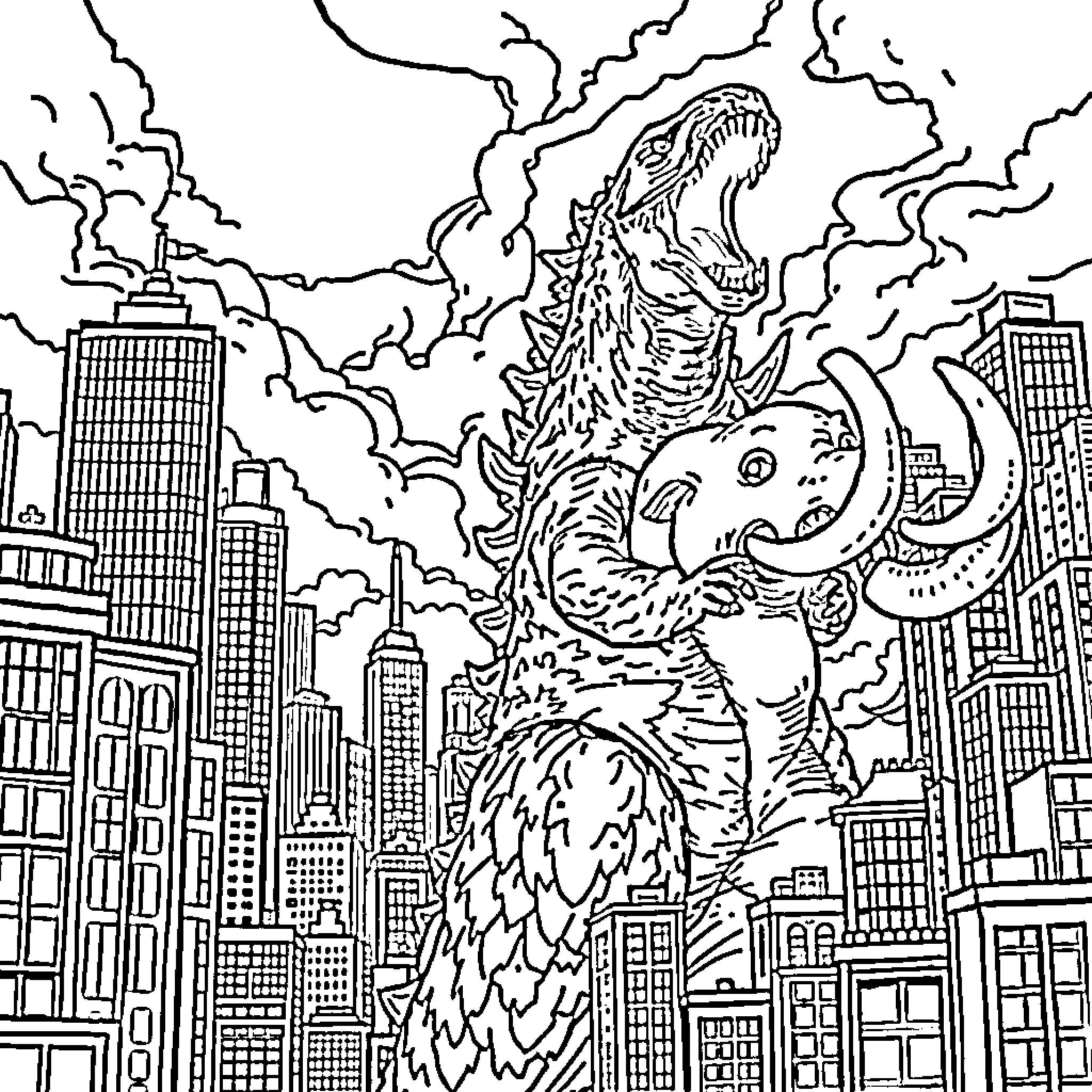 Godzilla rampaging through the city skyline Coloring Page (free black-and-white line drawing printable PDF for all, from beginners to advanced learners, including children, teens, adults, and seniors)