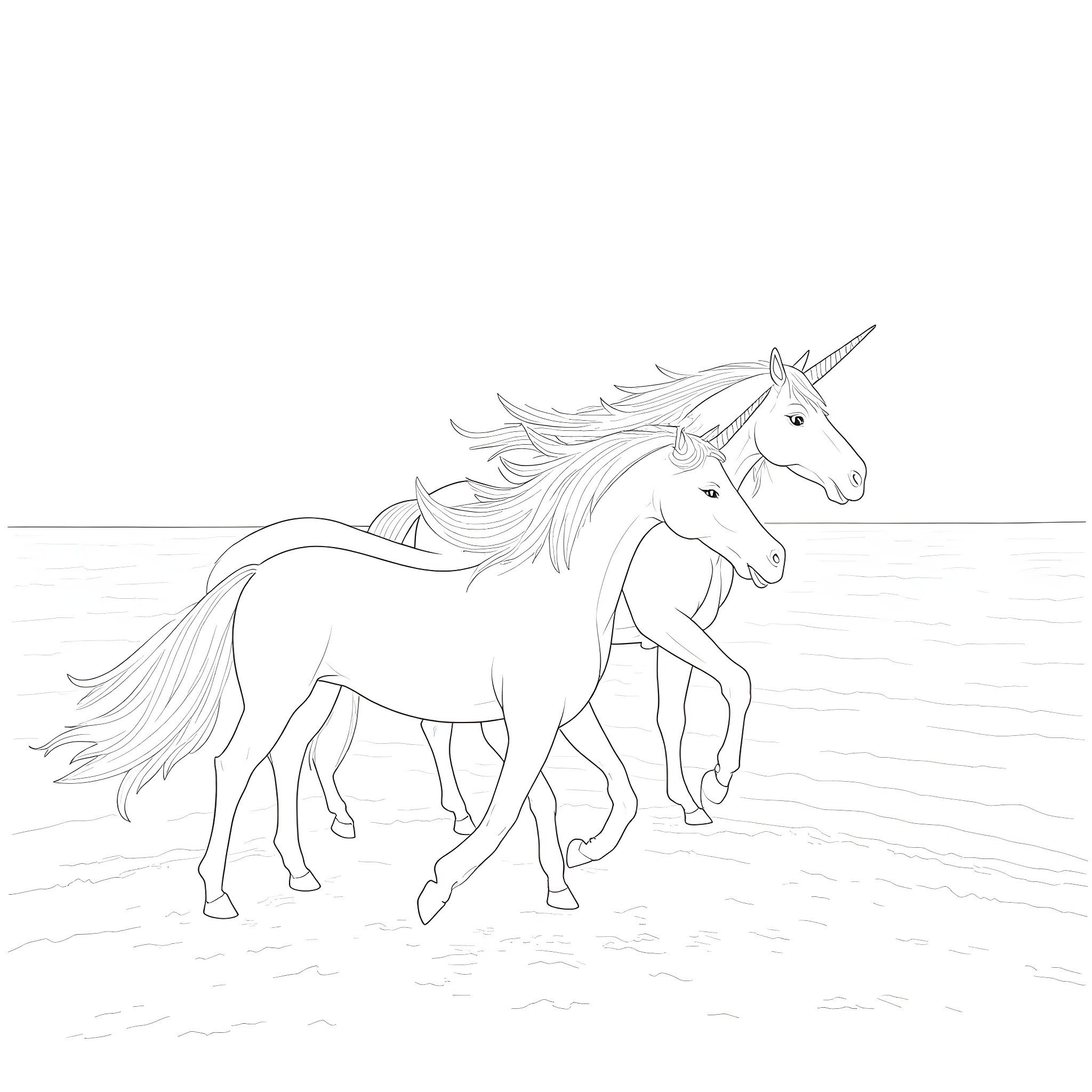 Unicorn galloping freely in the field Coloring Page (free black-and-white line drawing printable PDF for all, from beginners to advanced learners, including children, teens, adults, and seniors)