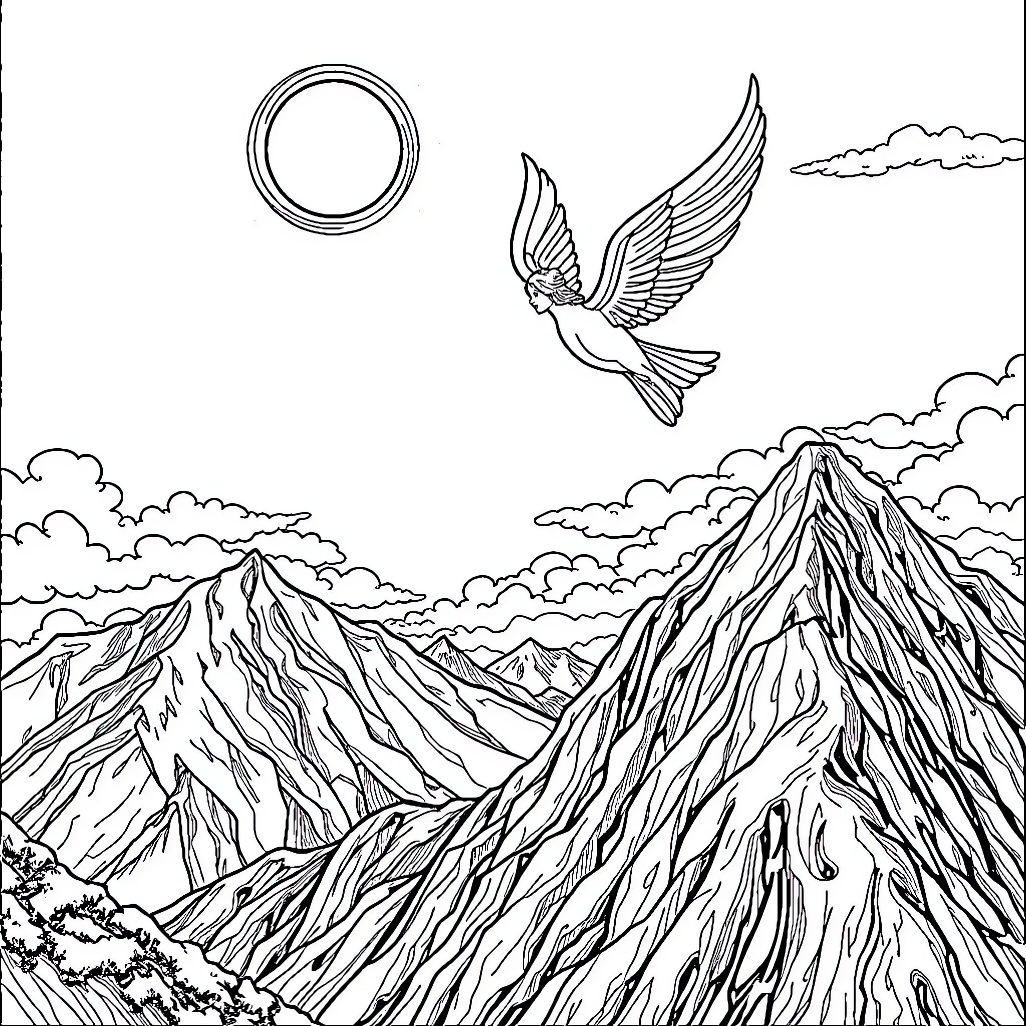 Angel soaring above majestic mountain peaks Coloring Page (free black-and-white line drawing printable PDF for all, from beginners to advanced learners, including children, teens, adults, and seniors)