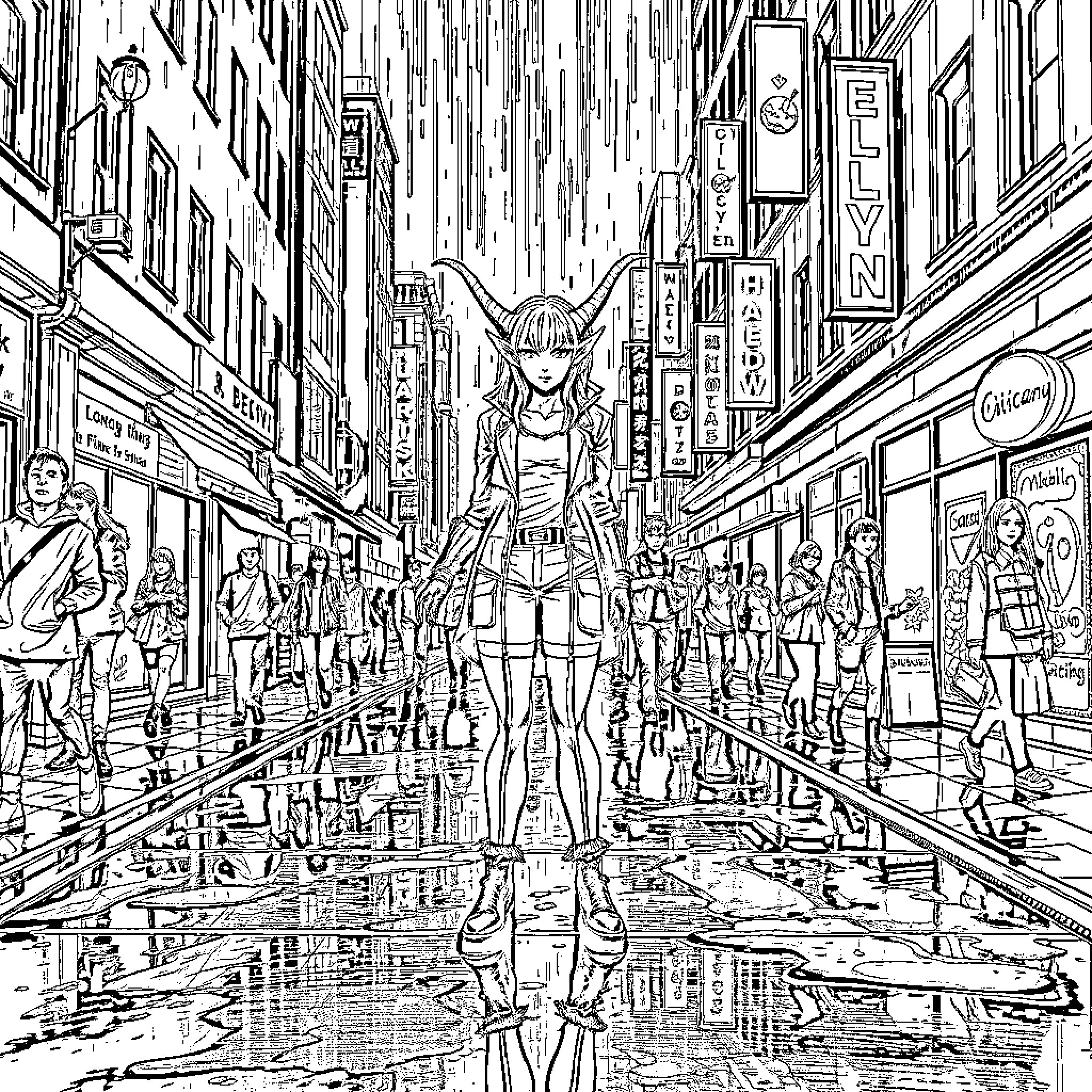 Elf Navigating the Bustling City Streets Coloring Page (free black-and-white line drawing printable PDF for all, from beginners to advanced learners, including children, teens, adults, and seniors)