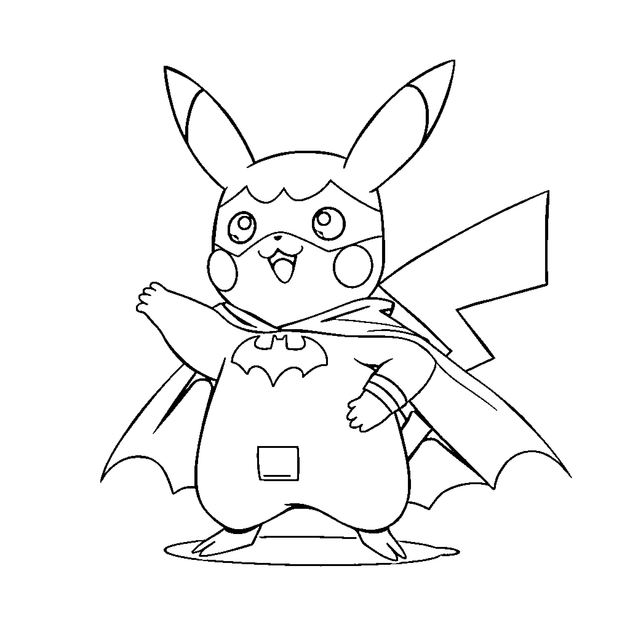 Pikachu dressed as a bat Coloring Page (free black-and-white line drawing printable PDF for all, from beginners to advanced learners, including children, teens, adults, and seniors)