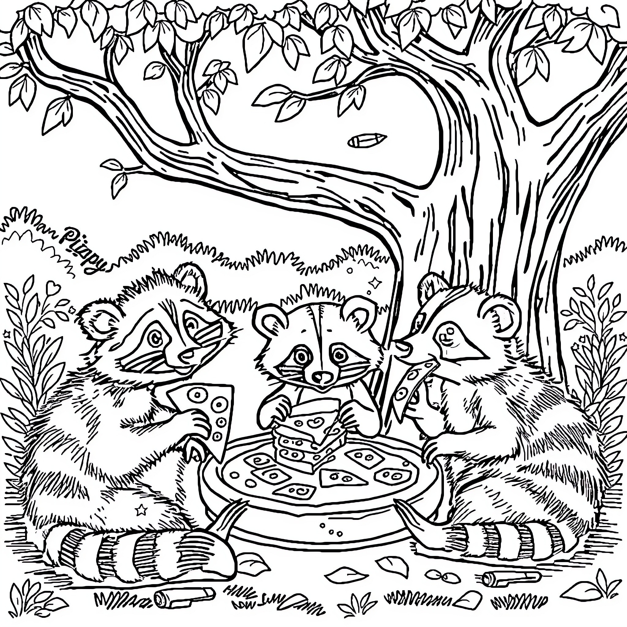 Raccoons enjoying a meal together in the forest Coloring Page (free black-and-white line drawing printable PDF for all, from beginners to advanced learners, including children, teens, adults, and seniors)