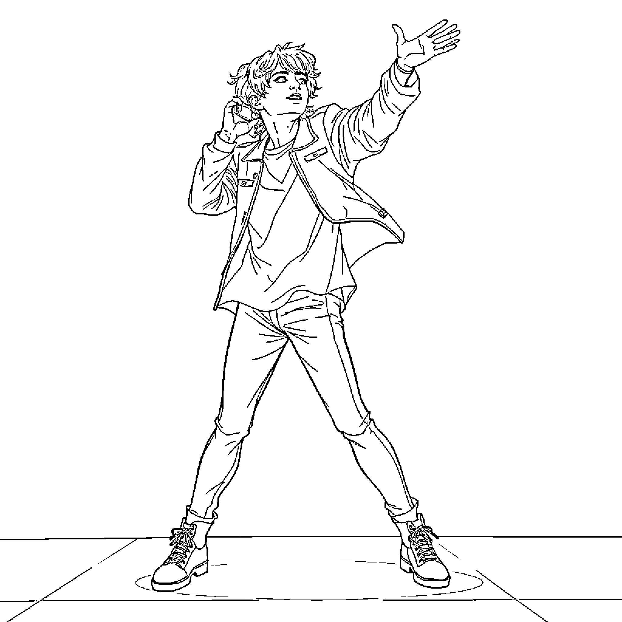 Rumi performing on stage with energetic gestures Coloring Page (free black-and-white line drawing printable PDF for all, from beginners to advanced learners, including children, teens, adults, and seniors)