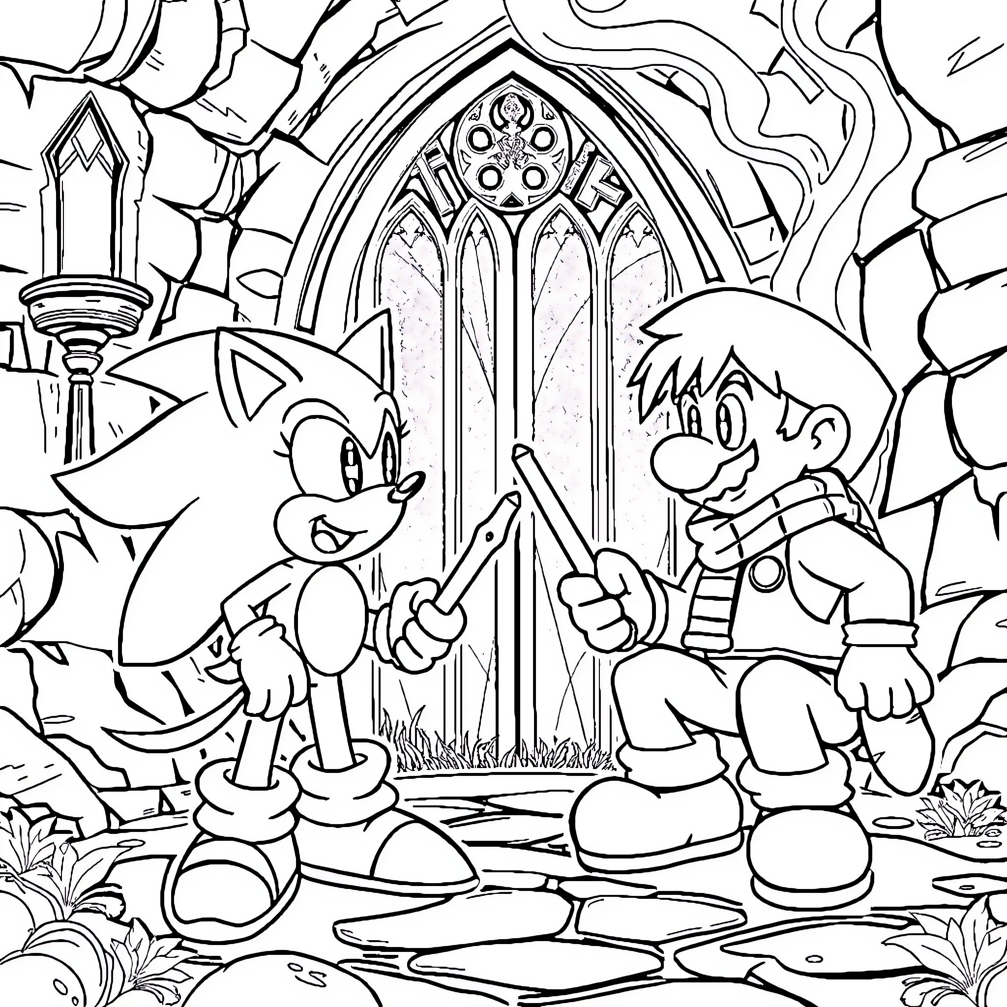 Sonic and his friend explore a mystical landscape Coloring Page (free black-and-white line drawing printable PDF for all, from beginners to advanced learners, including children, teens, adults, and seniors)
