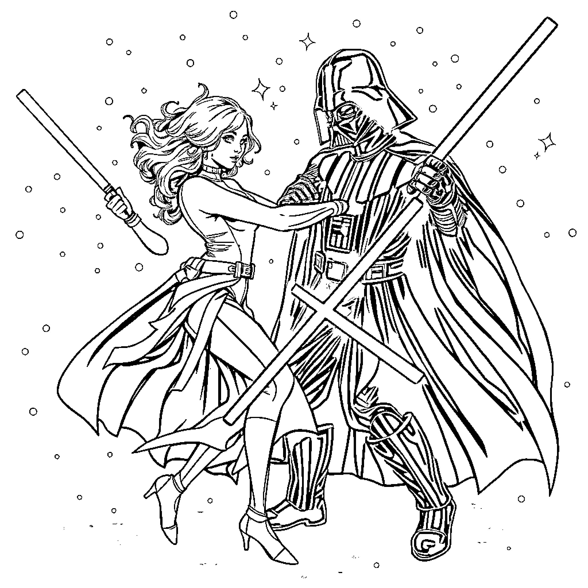 Hunter and Imperial Warrior Fight in Starry Night Coloring Page (free black-and-white line drawing printable PDF for all, from beginners to advanced learners, including children, teens, adults, and seniors)