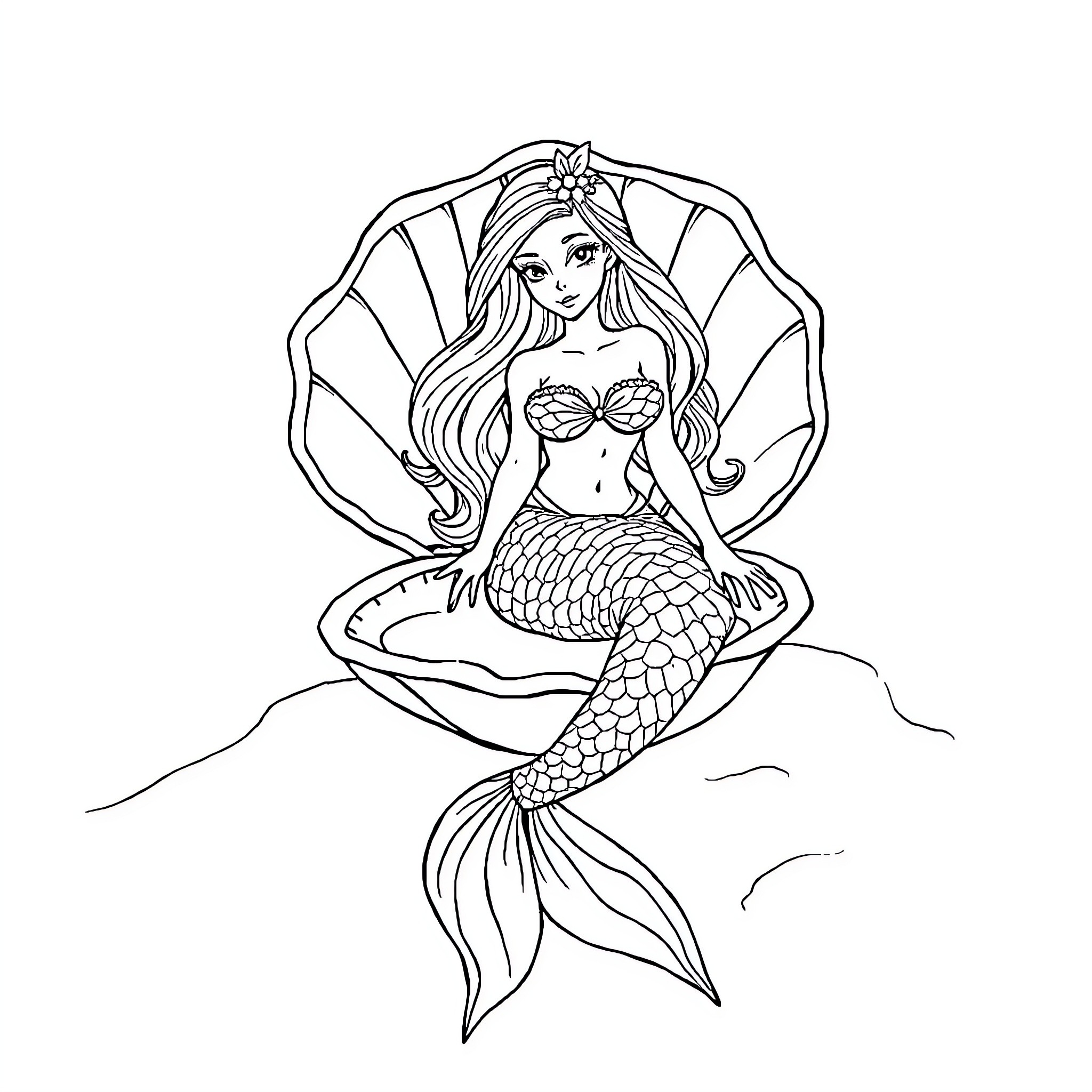 Mermaid resting gracefully in the sea Coloring Page (free black-and-white line drawing printable PDF for all, from beginners to advanced learners, including children, teens, adults, and seniors)