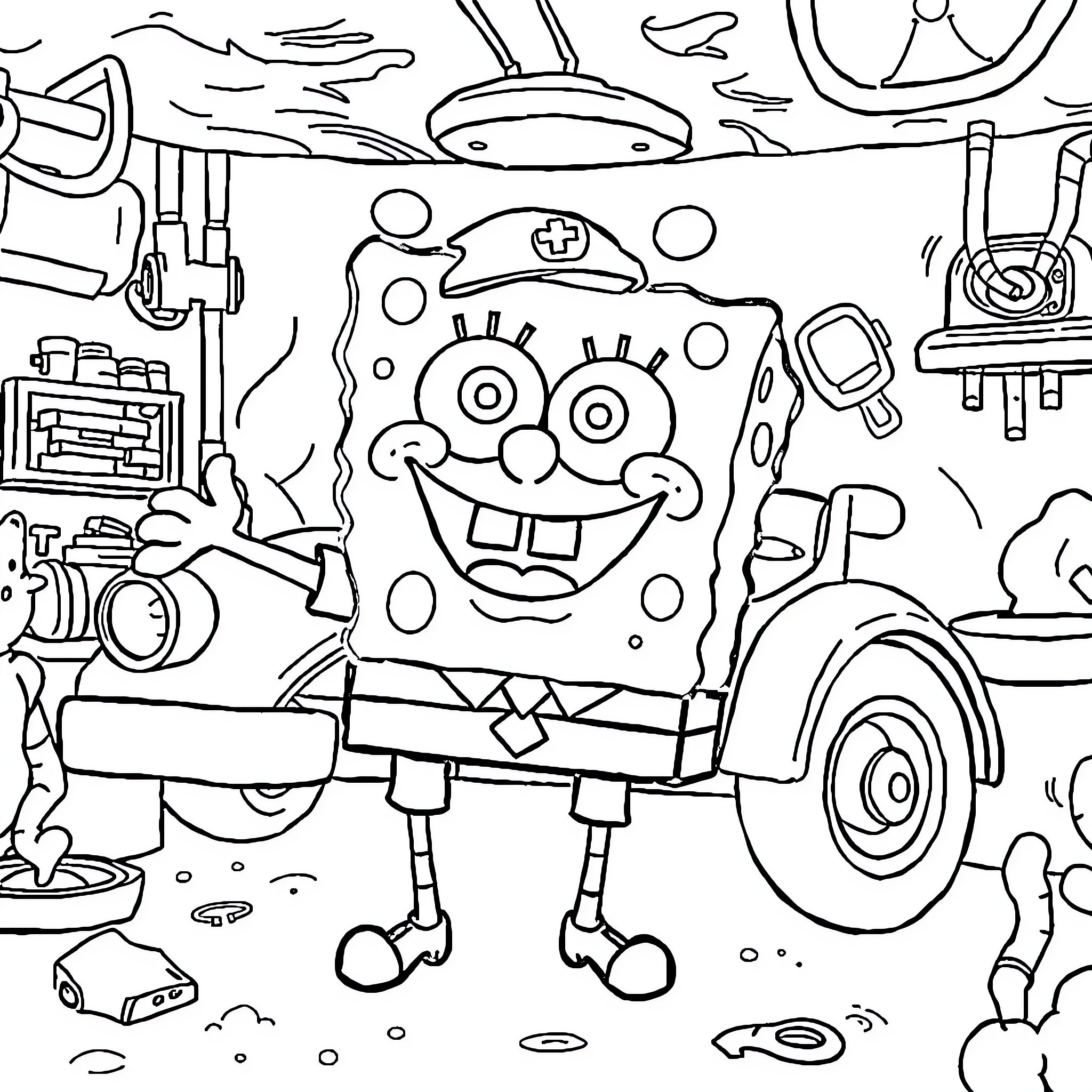 Spongebob's Underwater Workshop and Gadgets Coloring Page (free black-and-white line drawing printable PDF for all, from beginners to advanced learners, including children, teens, adults, and seniors)
