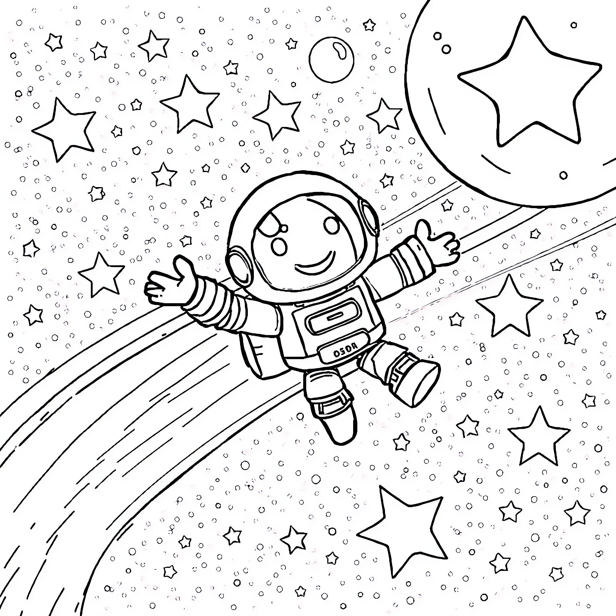 Astro Bot exploring the starry cosmos Coloring Page (free black-and-white line drawing printable PDF for all, from beginners to advanced learners, including children, teens, adults, and seniors)