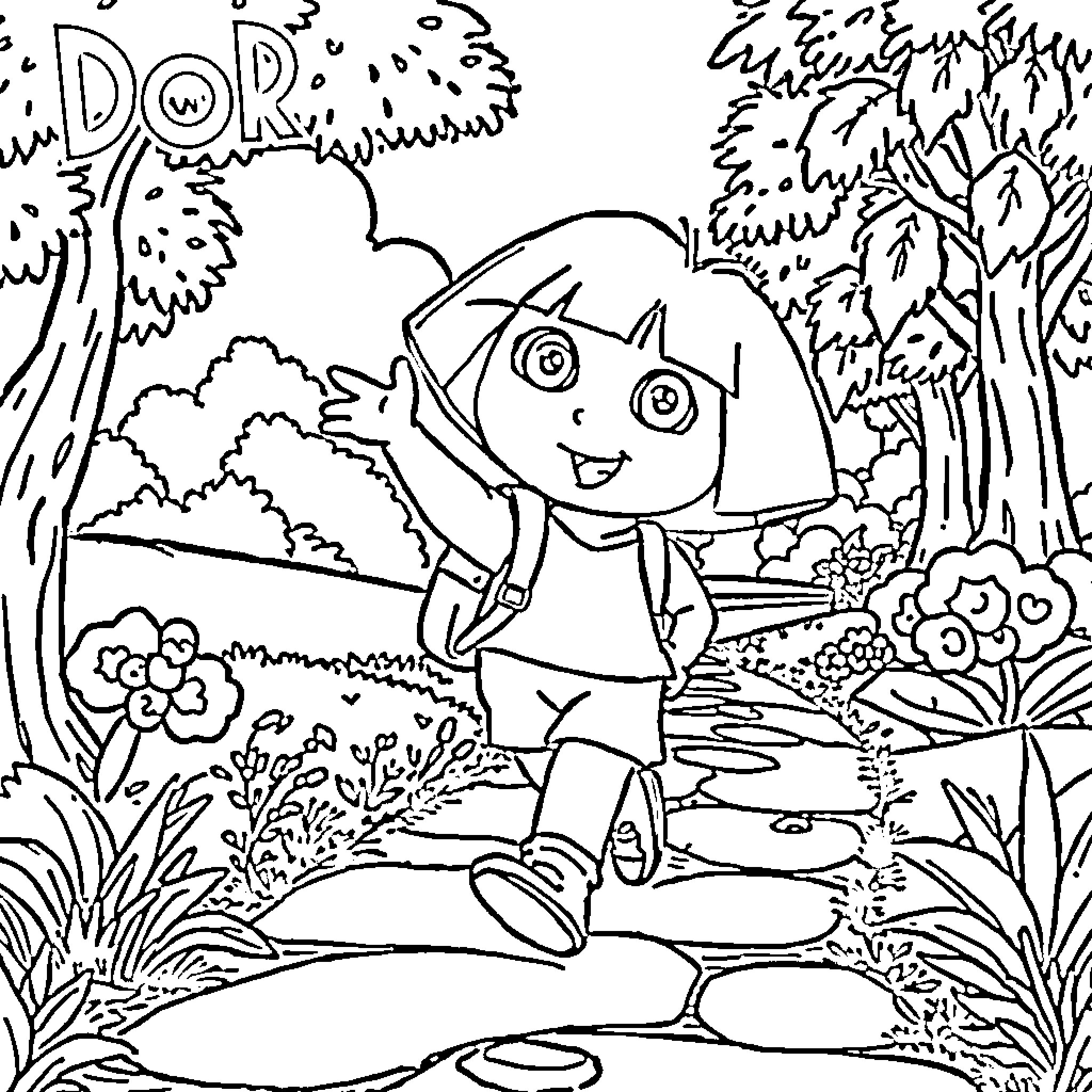 Dora waving happily while walking on a stone path Coloring Page (free black-and-white line drawing printable PDF for all, from beginners to advanced learners, including children, teens, adults, and seniors)