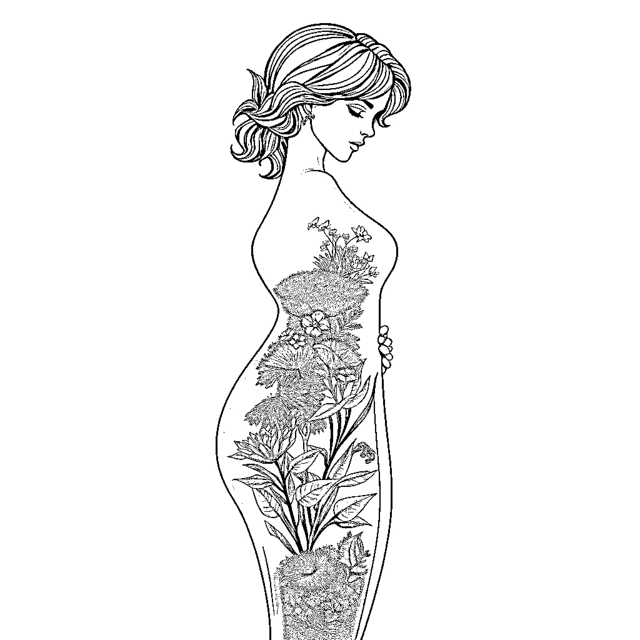 Woman adorned with intricate floral artwork Coloring Page (free black-and-white line drawing printable PDF for all, from beginners to advanced learners, including children, teens, adults, and seniors)