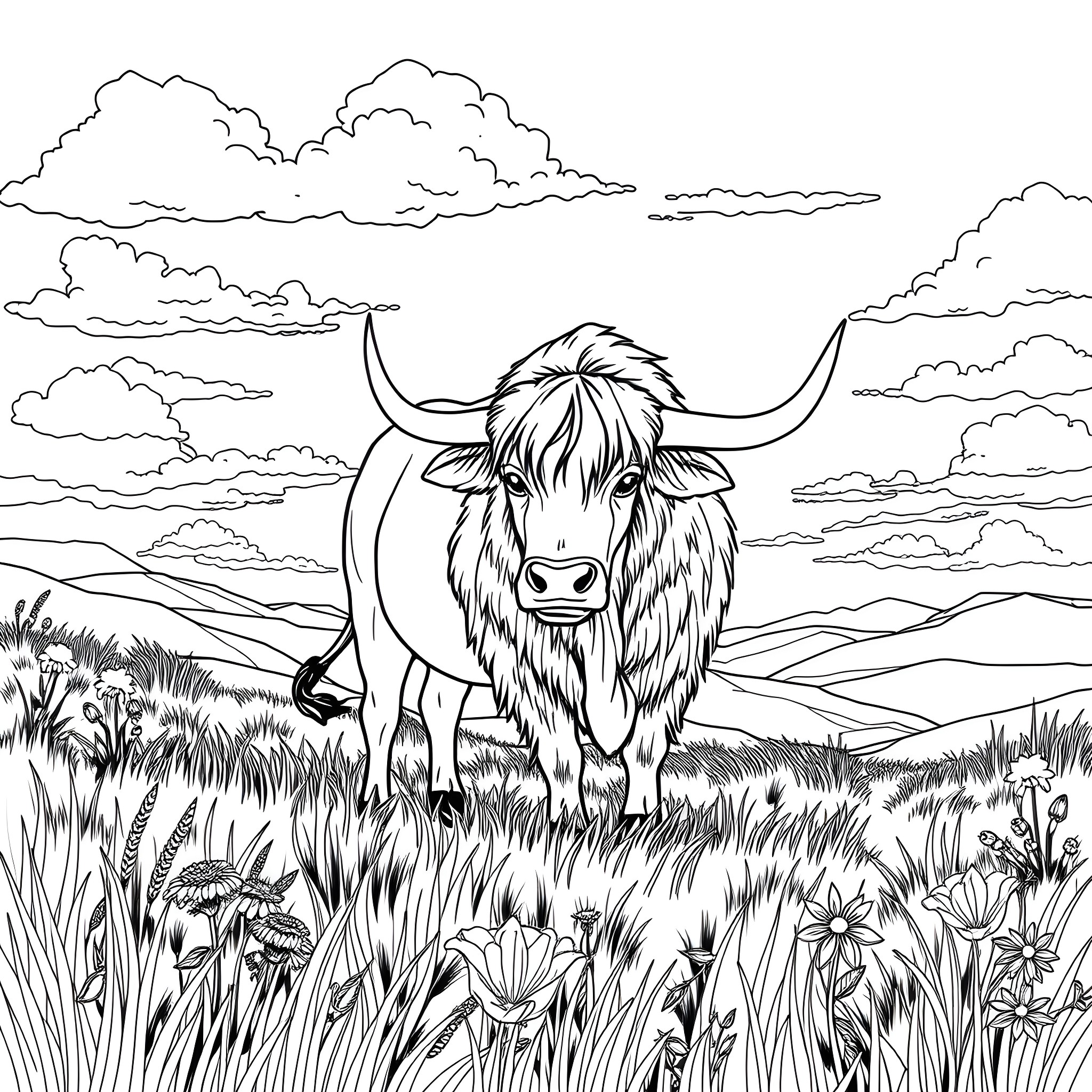 Bull standing majestically in a lush meadow Coloring Page (free black-and-white line drawing printable PDF for all, from beginners to advanced learners, including children, teens, adults, and seniors)