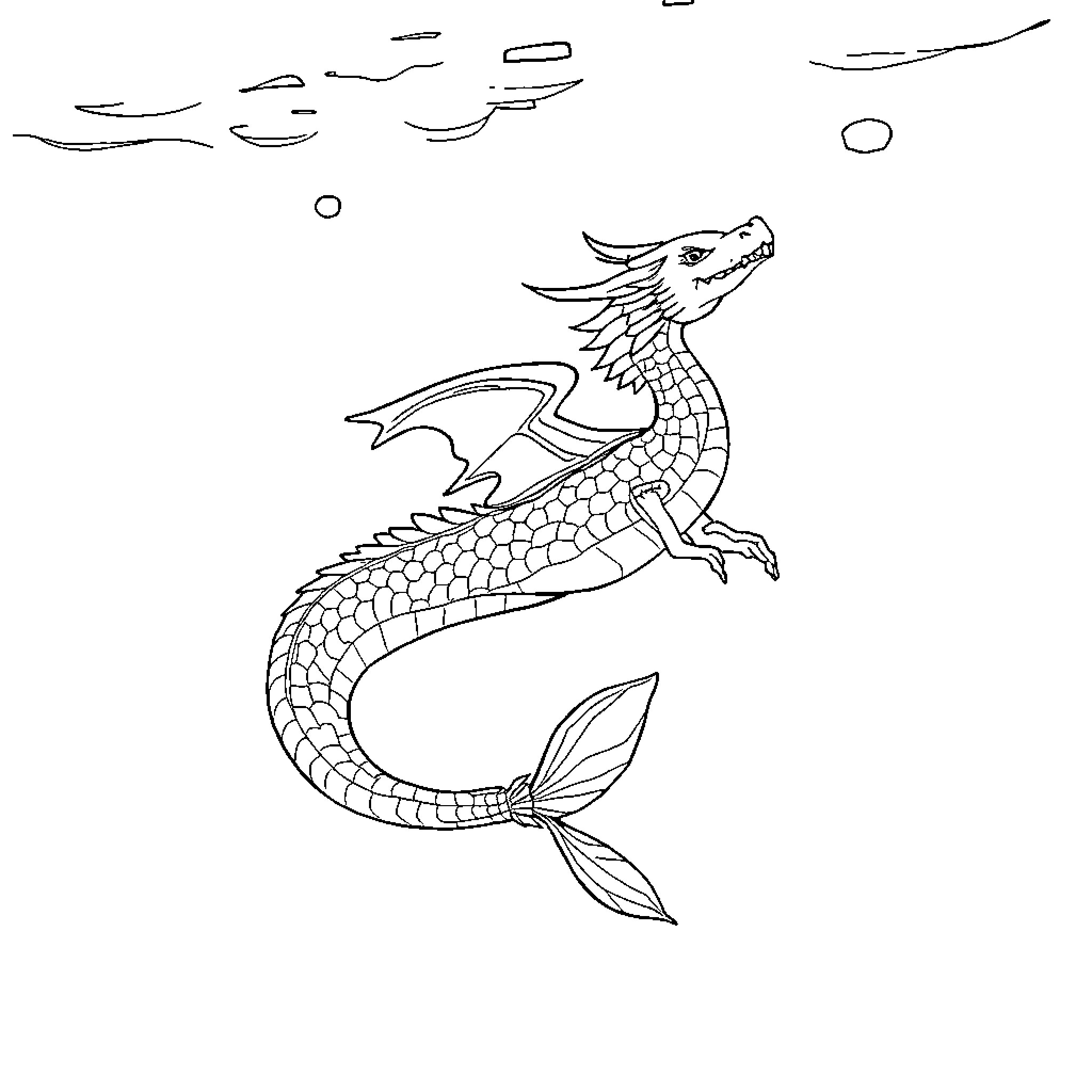 Mermaid Dragon swimming gracefully through the ocean Coloring Page (free black-and-white line drawing printable PDF for all, from beginners to advanced learners, including children, teens, adults, and seniors)