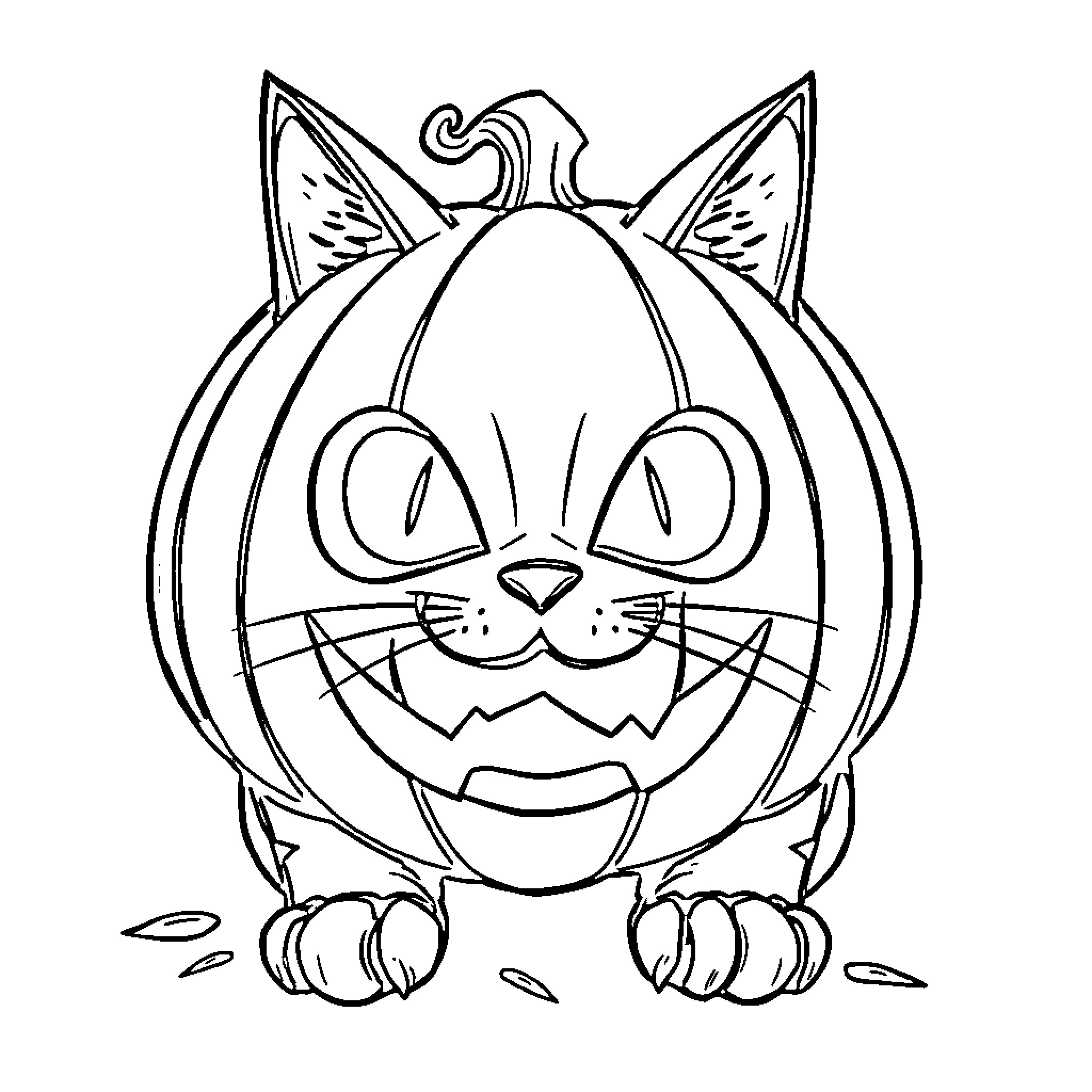 Cat in Pumpkin Costume Coloring Page (free black-and-white line drawing printable PDF for all, from beginners to advanced learners, including children, teens, adults, and seniors)