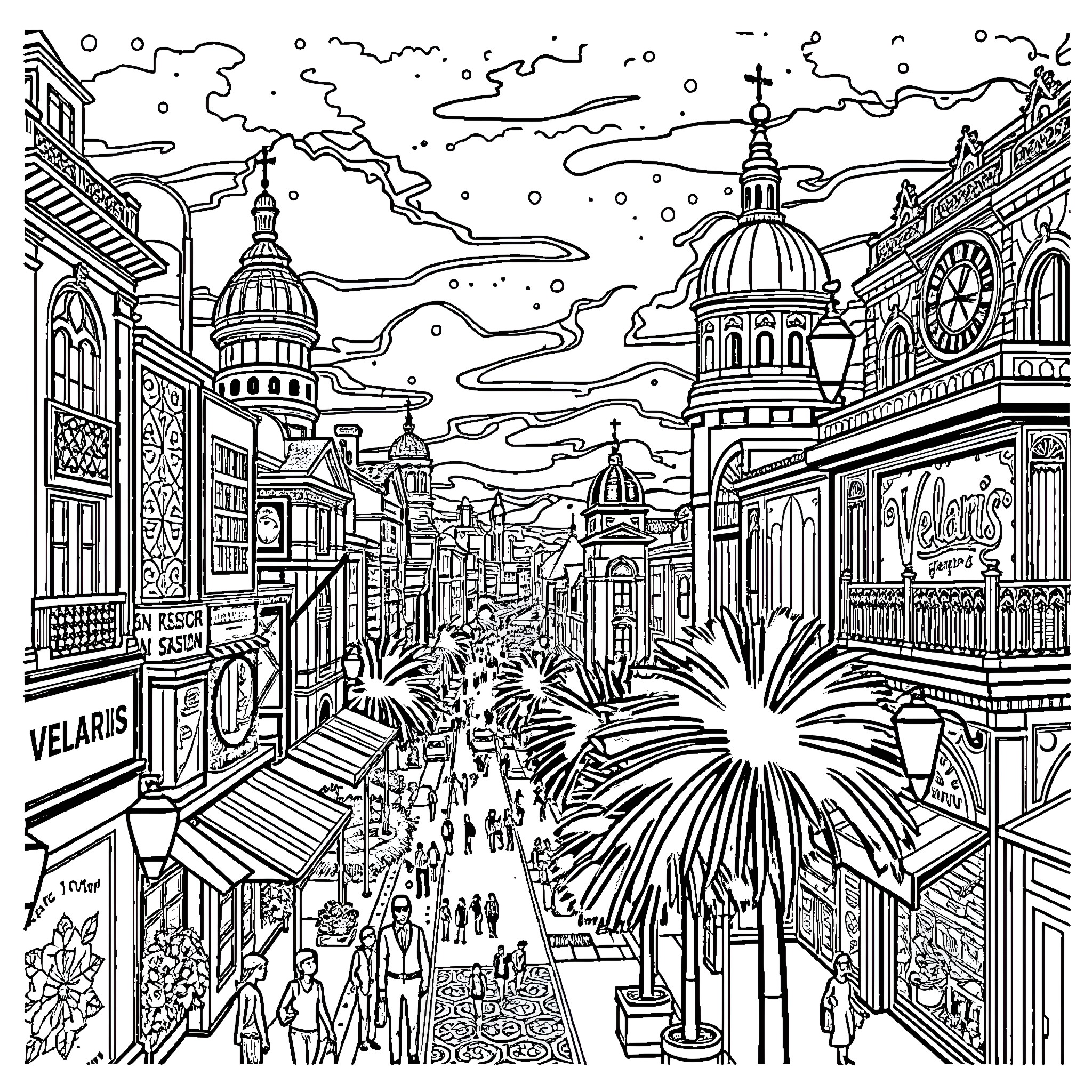 Velaris: Bustling City Scene with Architectural Wonders Coloring Page (free black-and-white line drawing printable PDF for all, from beginners to advanced learners, including children, teens, adults, and seniors)