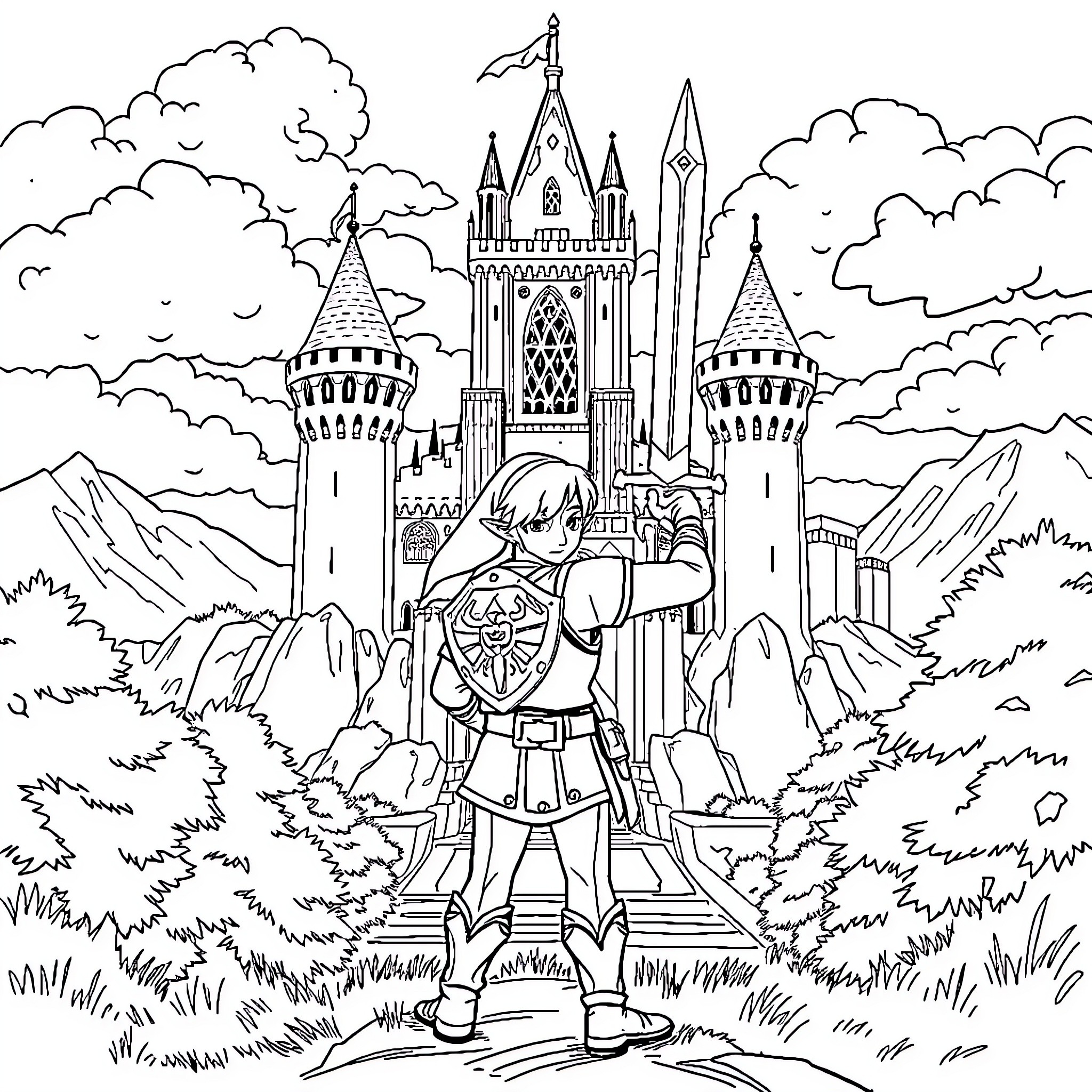 Link exploring a majestic fantasy castle Coloring Page (free black-and-white line drawing printable PDF for all, from beginners to advanced learners, including children, teens, adults, and seniors)