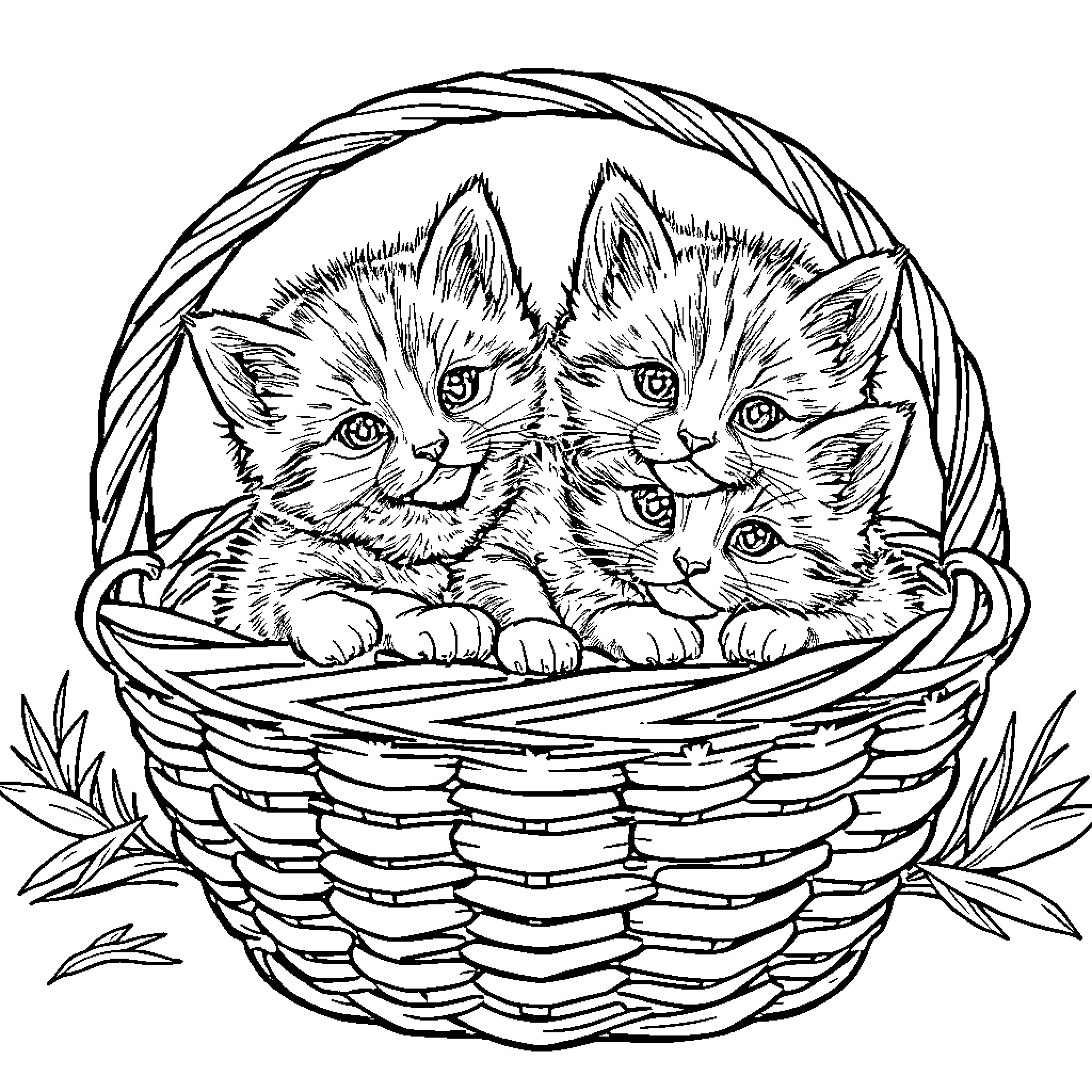 Kittens cuddling in a cozy basket Coloring Page (free black-and-white line drawing printable PDF for all, from beginners to advanced learners, including children, teens, adults, and seniors)