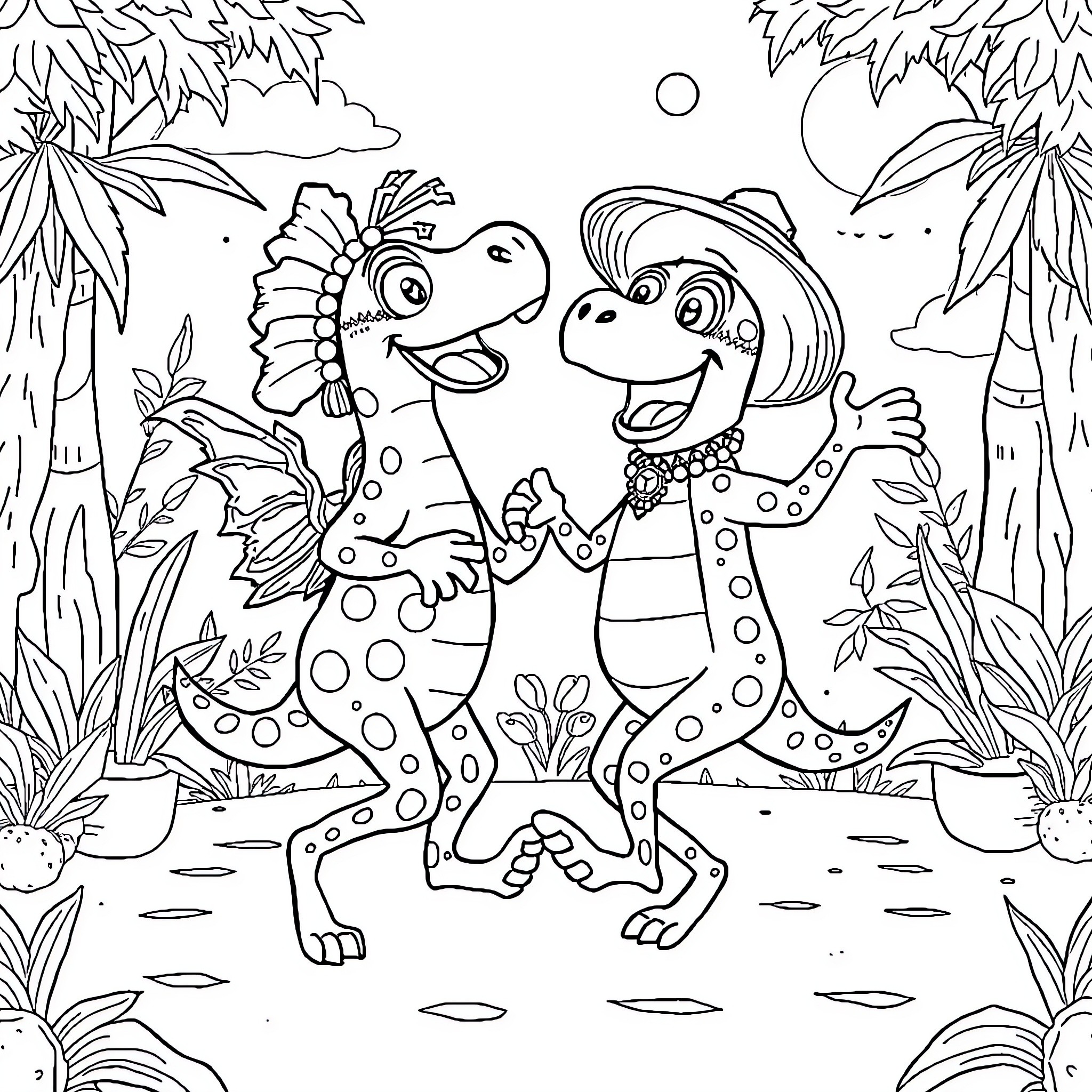 Tralalero two dinosaurs dancing in the jungle Coloring Page (free black-and-white line drawing printable PDF for all, from beginners to advanced learners, including children, teens, adults, and seniors)