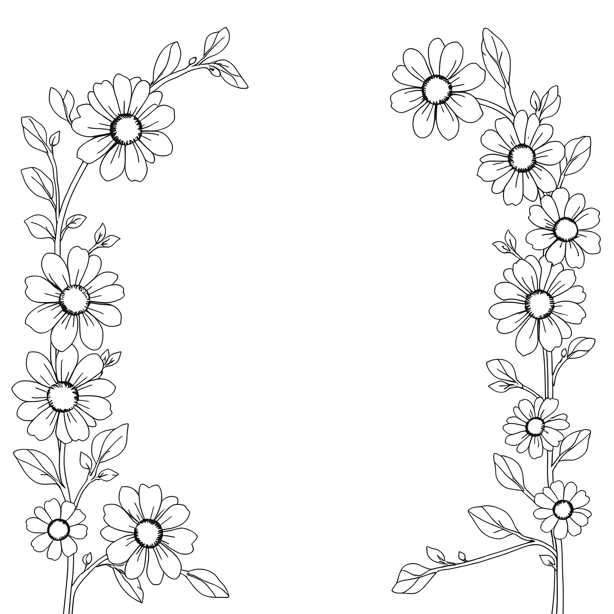 Daisy flowers blooming in a natural setting Coloring Page (free black-and-white line drawing printable PDF for all, from beginners to advanced learners, including children, teens, adults, and seniors)