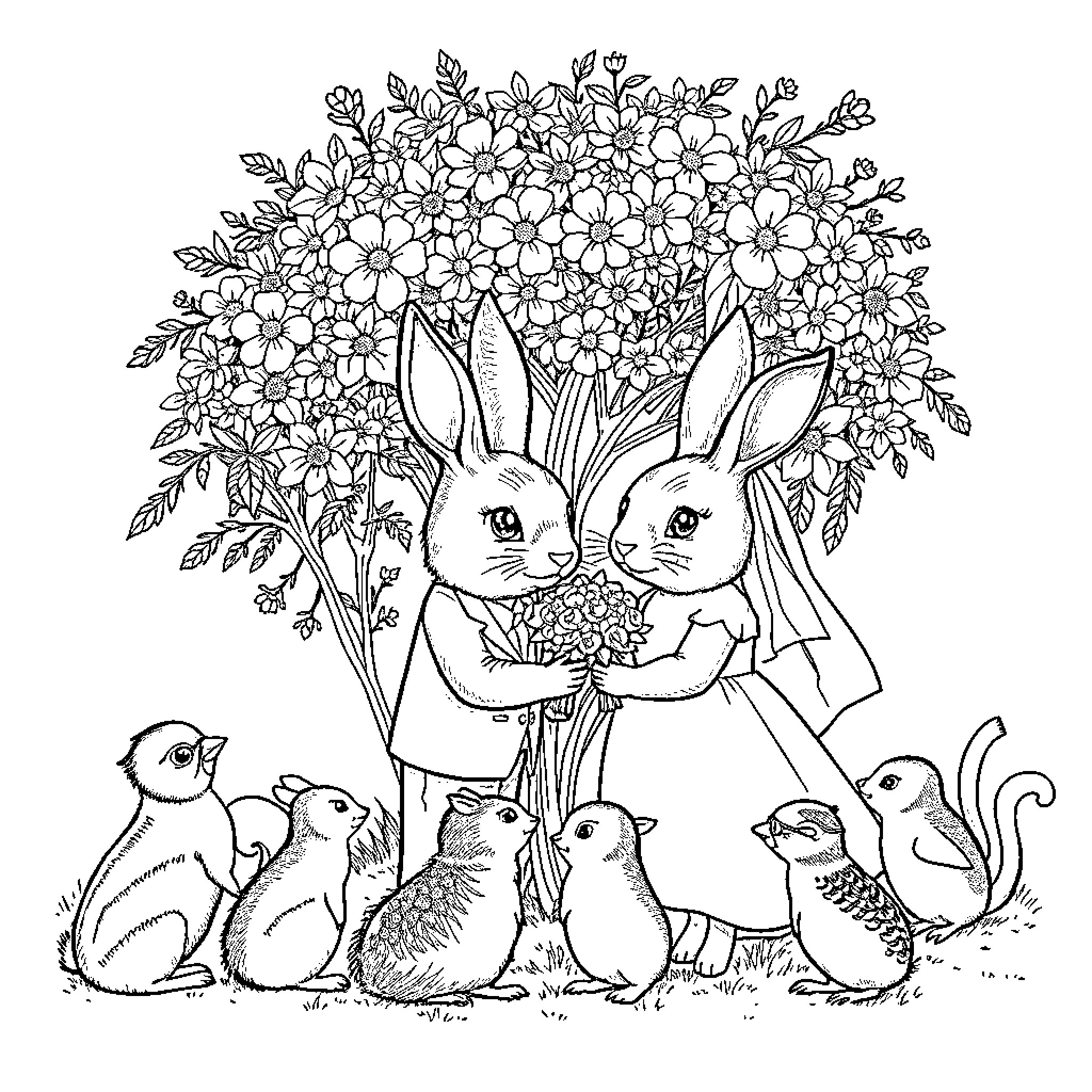 Rabbit couple holding floral bouquet surrounded by animals Coloring Page (free black-and-white line drawing printable PDF for all, from beginners to advanced learners, including children, teens, adults, and seniors)