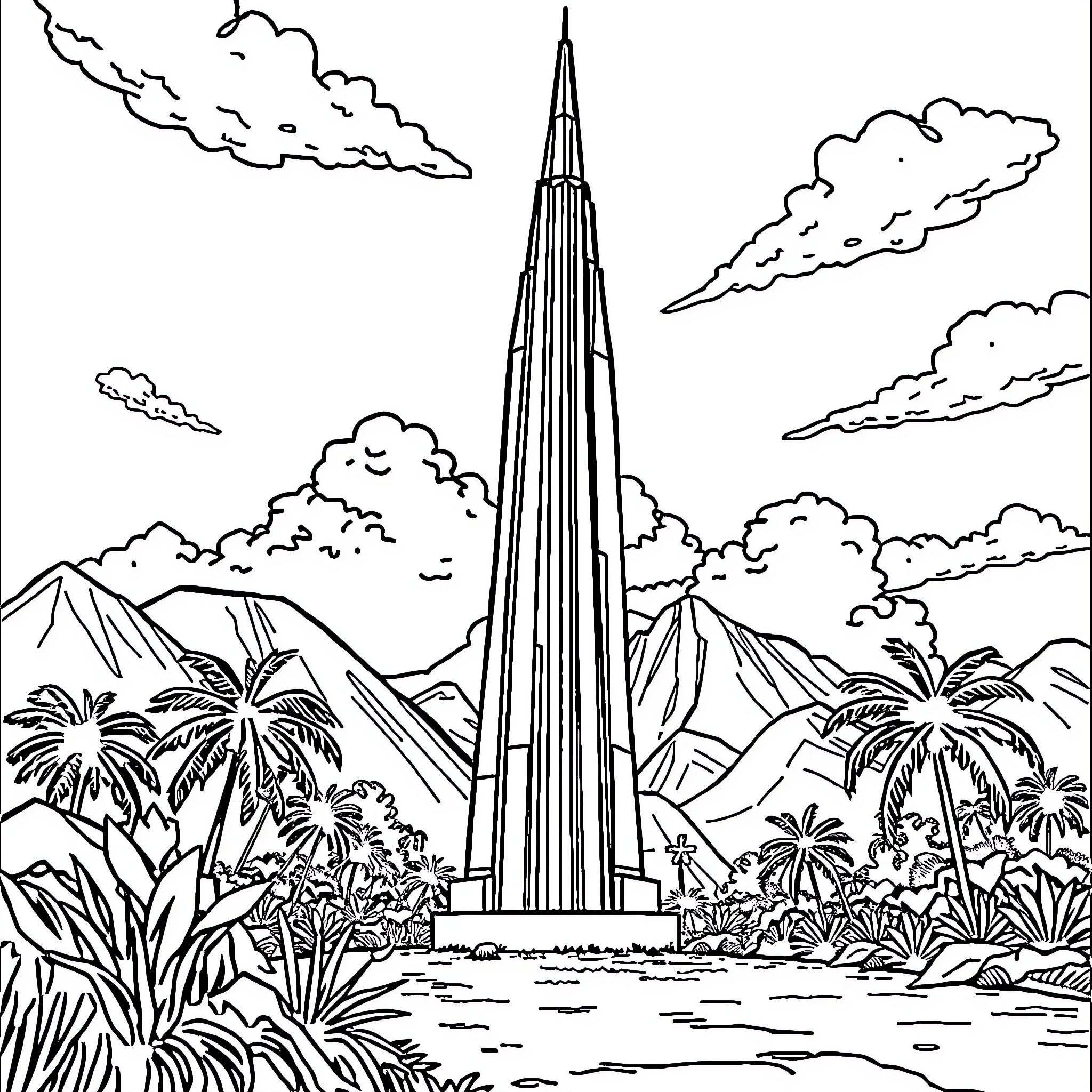 Sthit Tall Building in Tropical Landscape Coloring Page (free black-and-white line drawing printable PDF for all, from beginners to advanced learners, including children, teens, adults, and seniors)