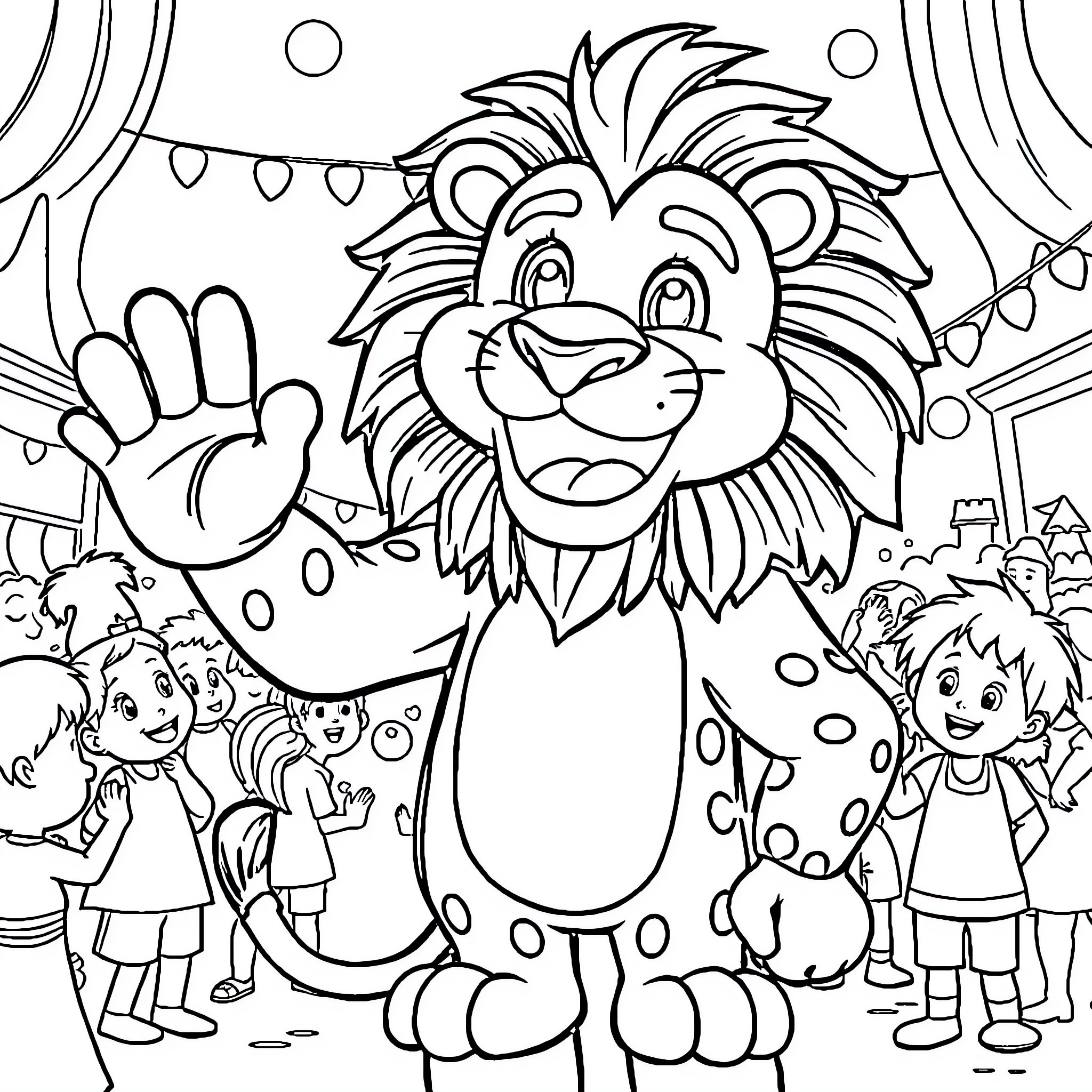 Singa the lion entertains children at a carnival Coloring Page (free black-and-white line drawing printable PDF for all, from beginners to advanced learners, including children, teens, adults, and seniors)