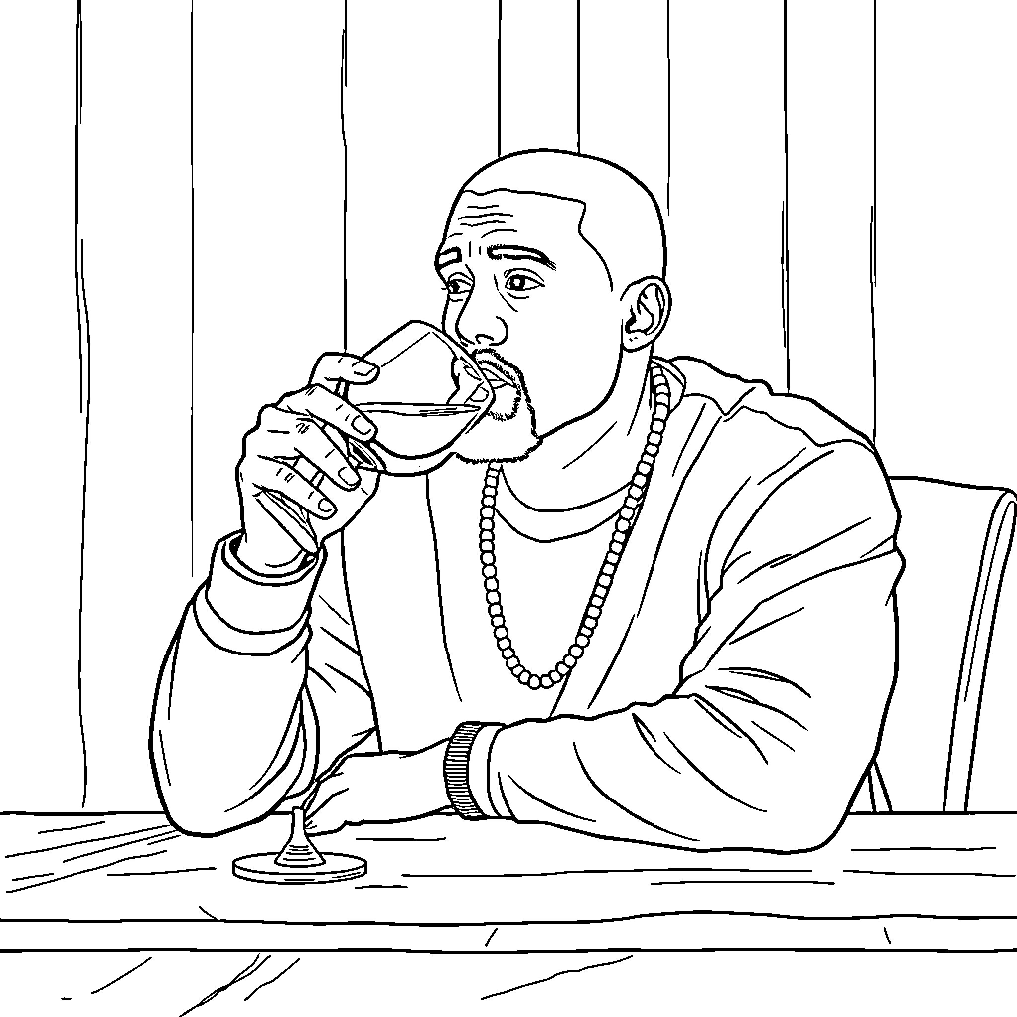 Kanye Enjoying a Drink in Contemplative Pose Coloring Page (free black-and-white line drawing printable PDF for all, from beginners to advanced learners, including children, teens, adults, and seniors)