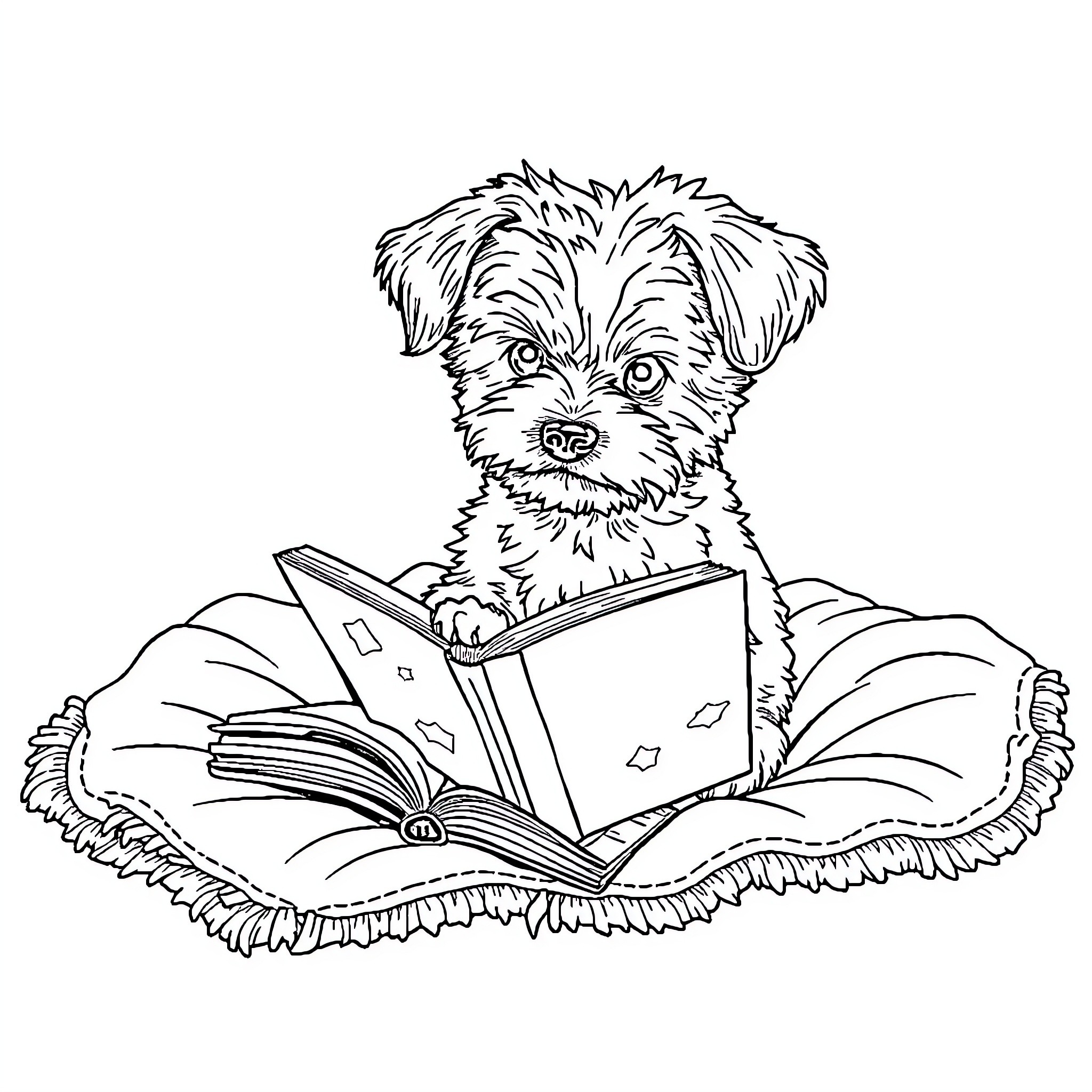 Bichon Frise reading a book on a couch Coloring Page (free black-and-white line drawing printable PDF for all, from beginners to advanced learners, including children, teens, adults, and seniors)